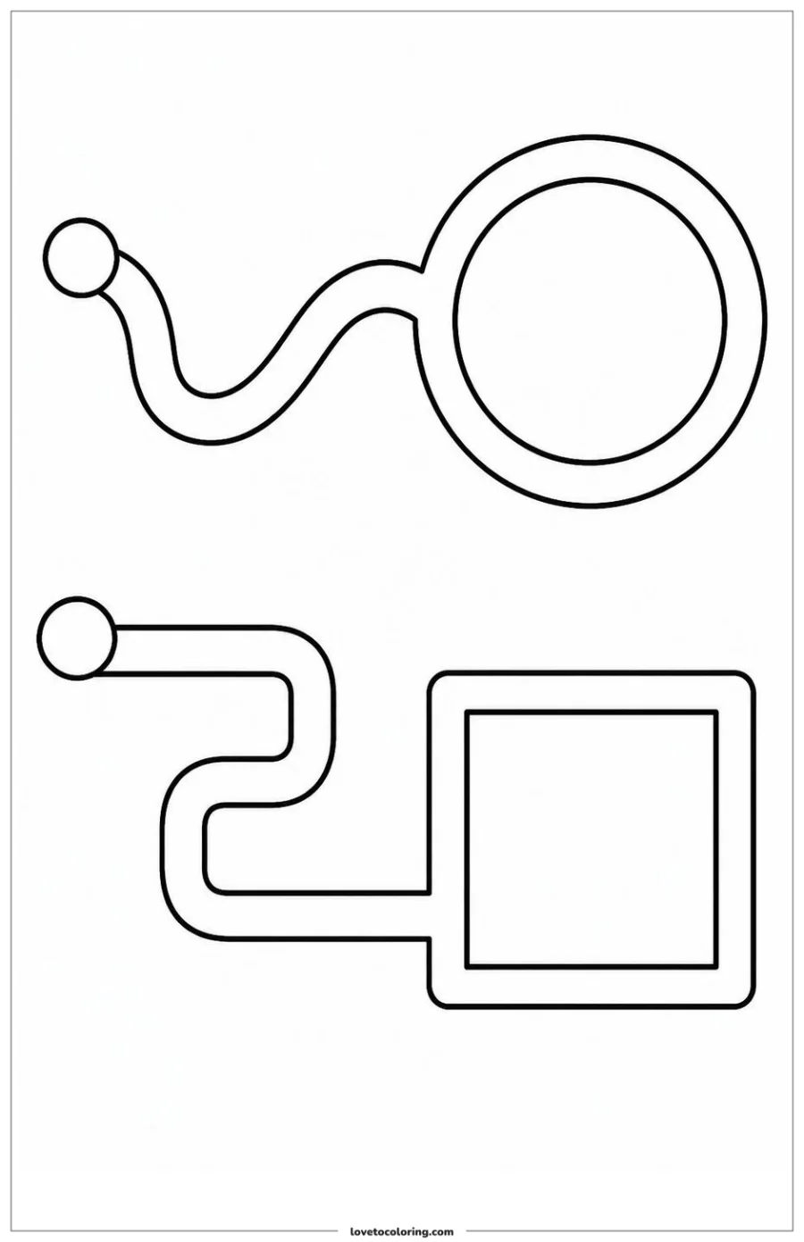 Black-and-white printable coloring page showing a circle and square used as destinations of two non-crossing paths.
