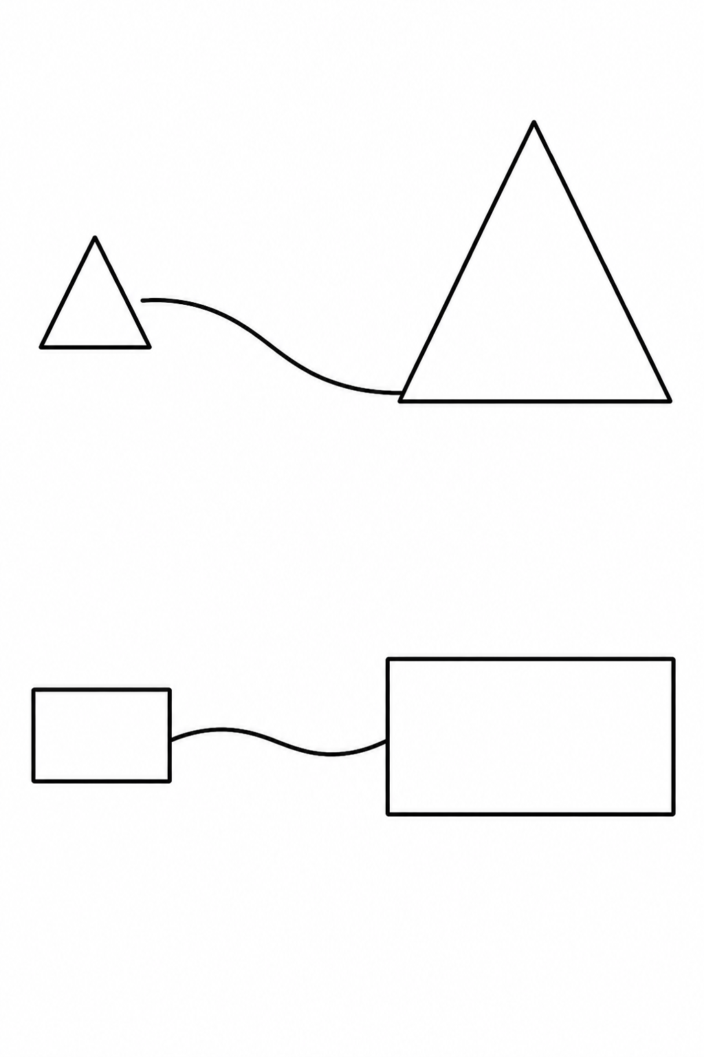 Black-and-white printable coloring page showing a triangle and rectangle into a simple match activity.