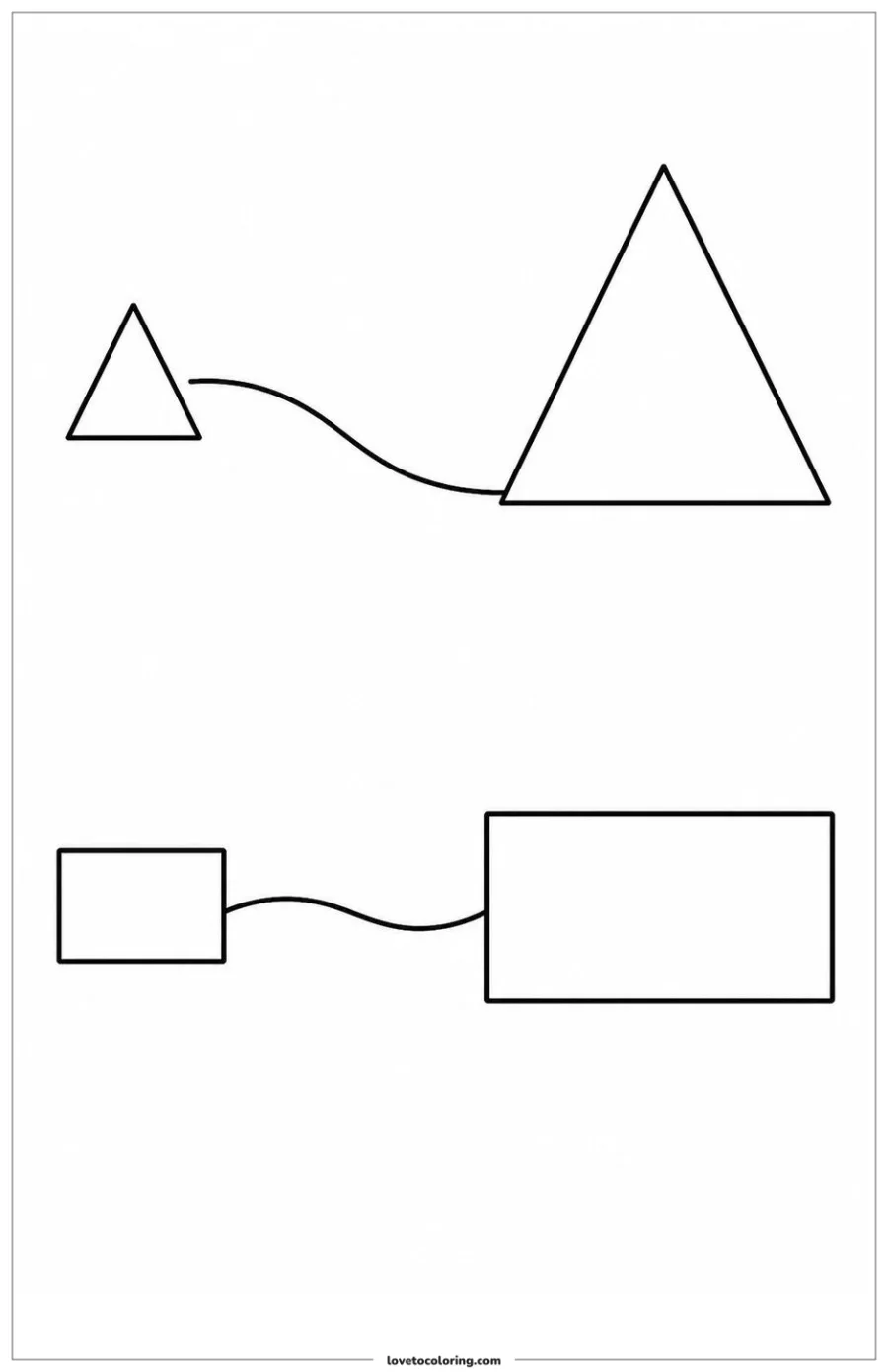 Black-and-white printable coloring page showing a triangle and rectangle into a simple match activity.