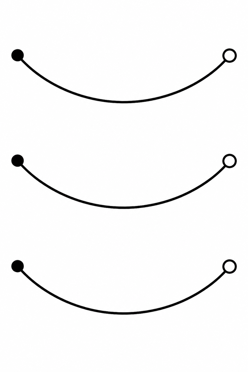 Black-and-white printable coloring page showing curved pre-writing lines repeated in three widely spaced practice rows.