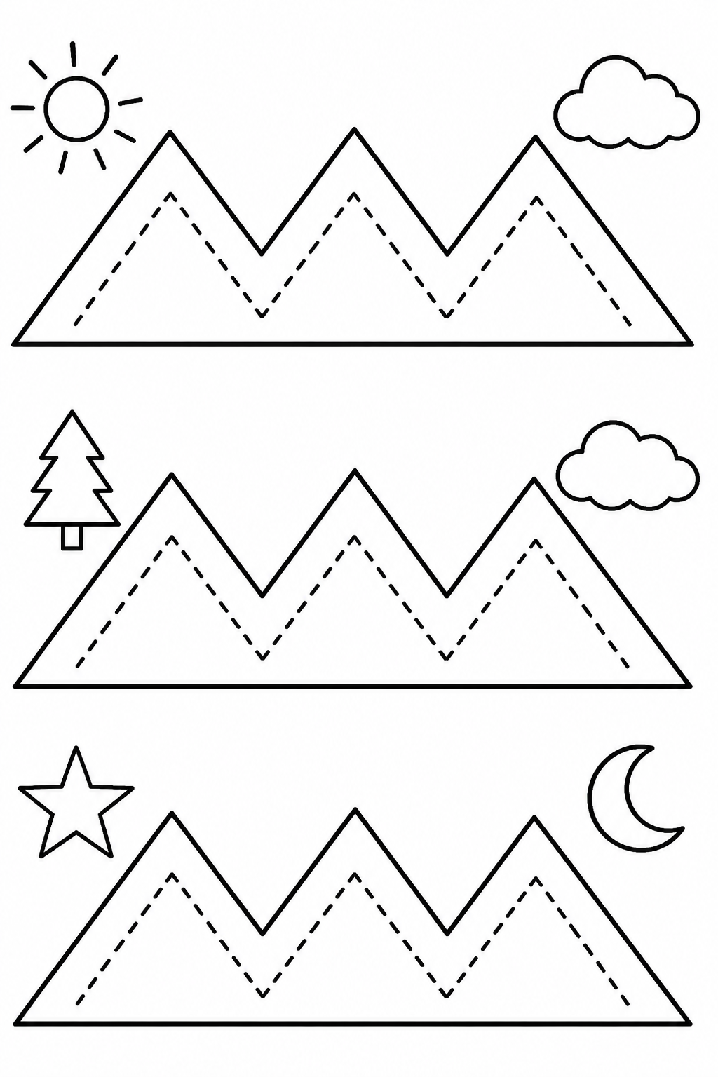 Black-and-white printable coloring page showing a zigzag pre-writing lines into a trace-then-color activity.