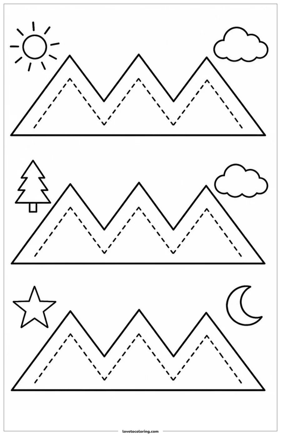 Black-and-white printable coloring page showing a zigzag pre-writing lines into a trace-then-color activity.