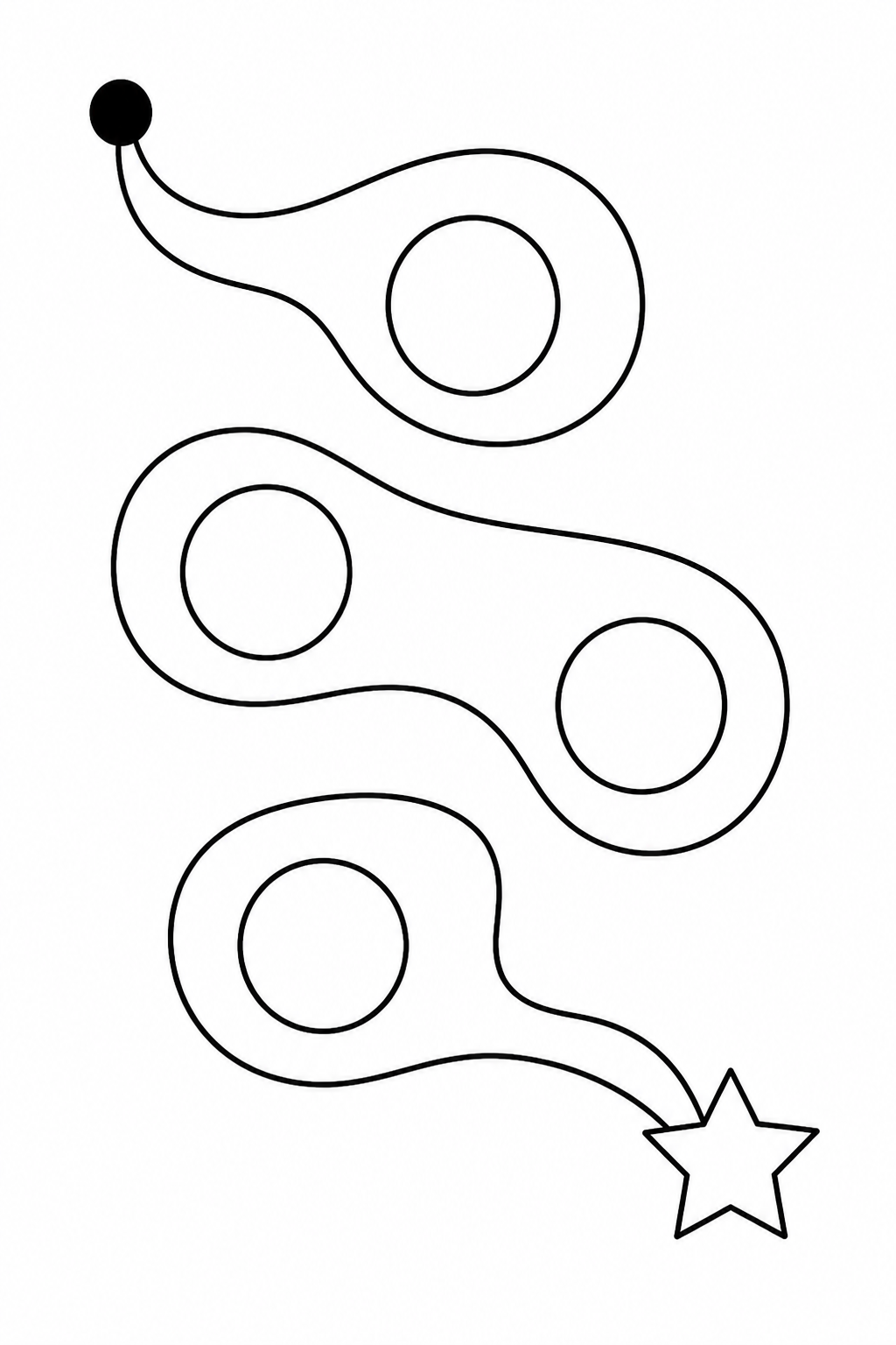 Black-and-white printable coloring page showing a pencil-control path with a clear start dot and finish symbol.