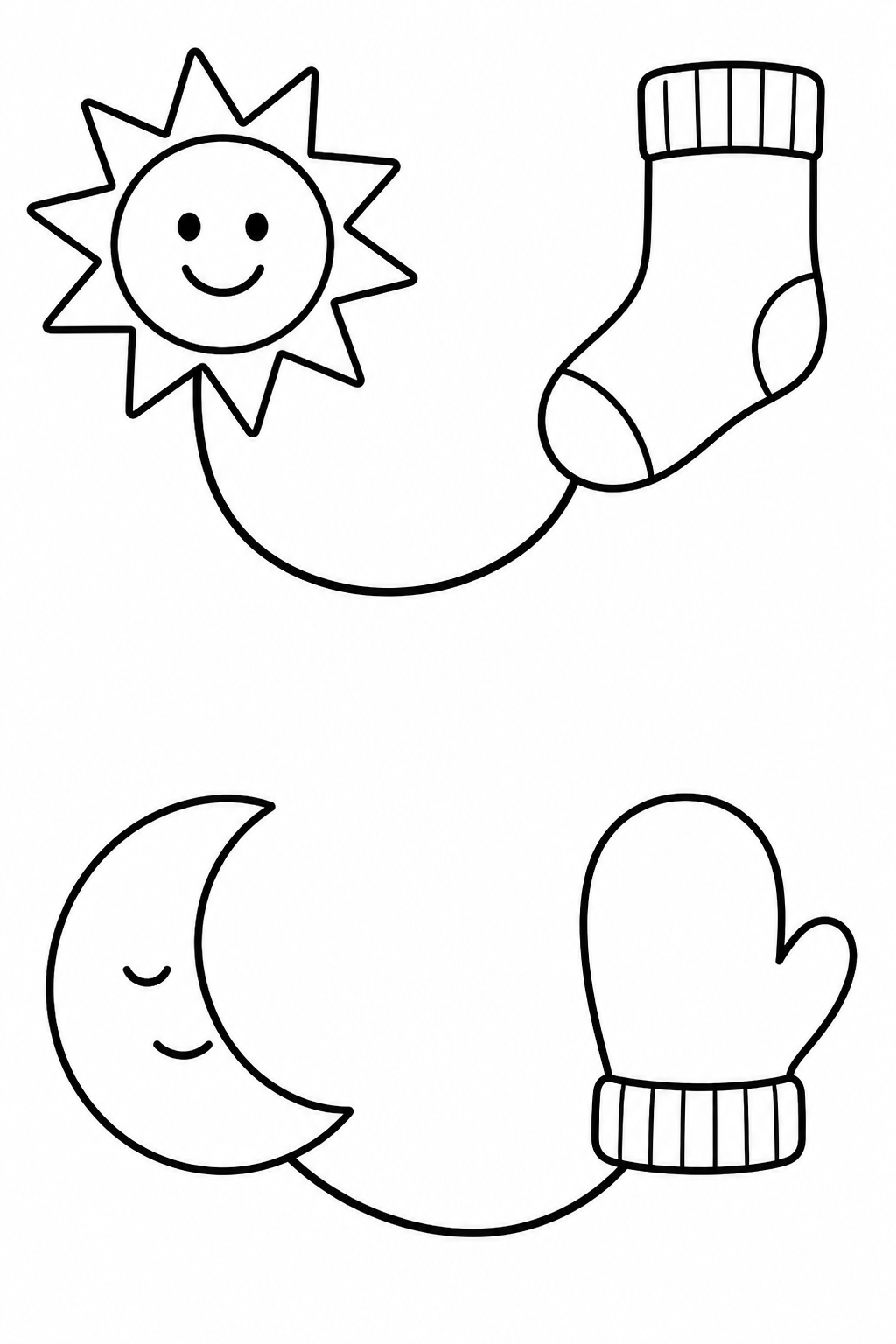 Black-and-white printable coloring page showing a beginning sound activity into two matching zones.