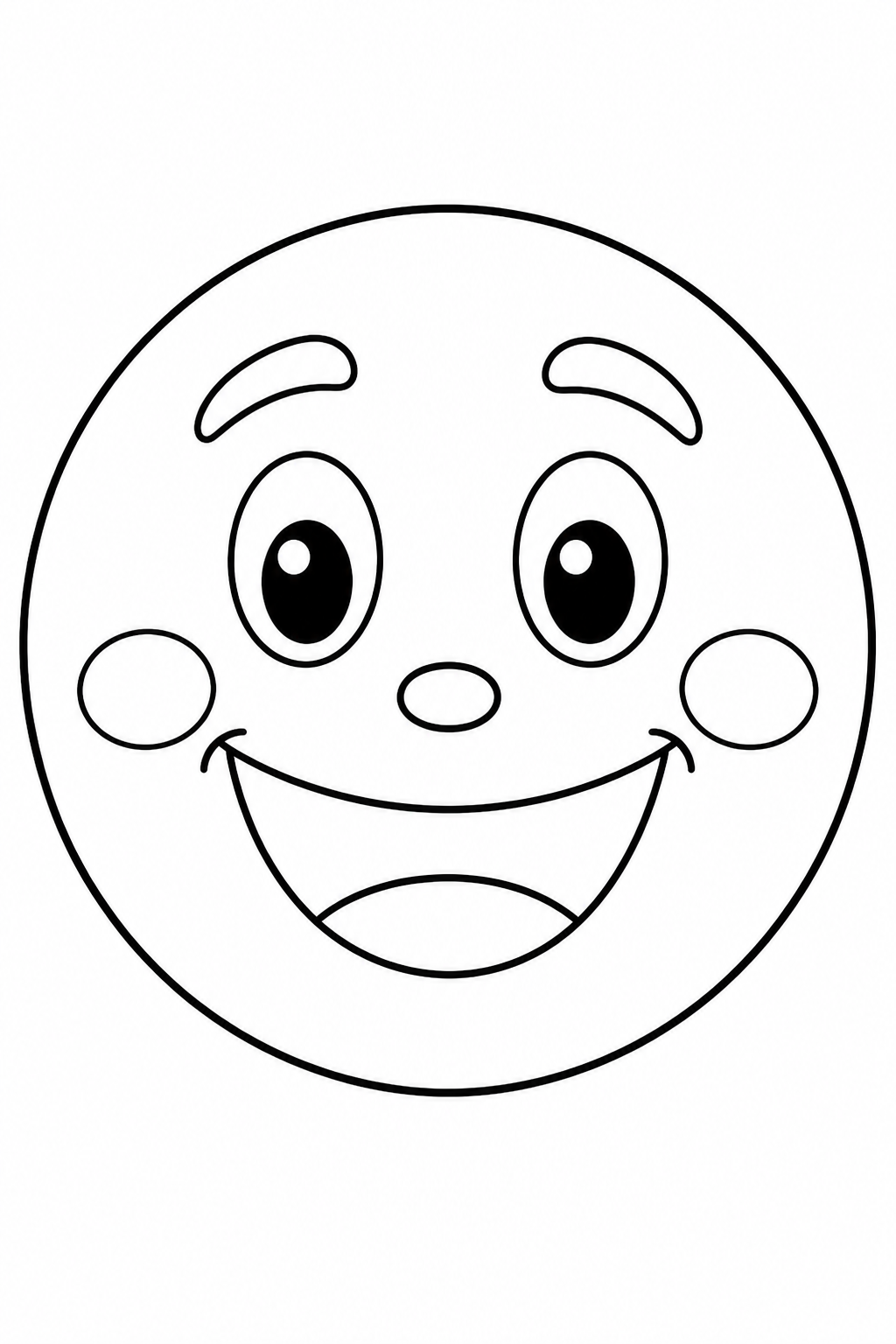 Black-and-white printable coloring page showing a happy face with broad, easy-to-color features.