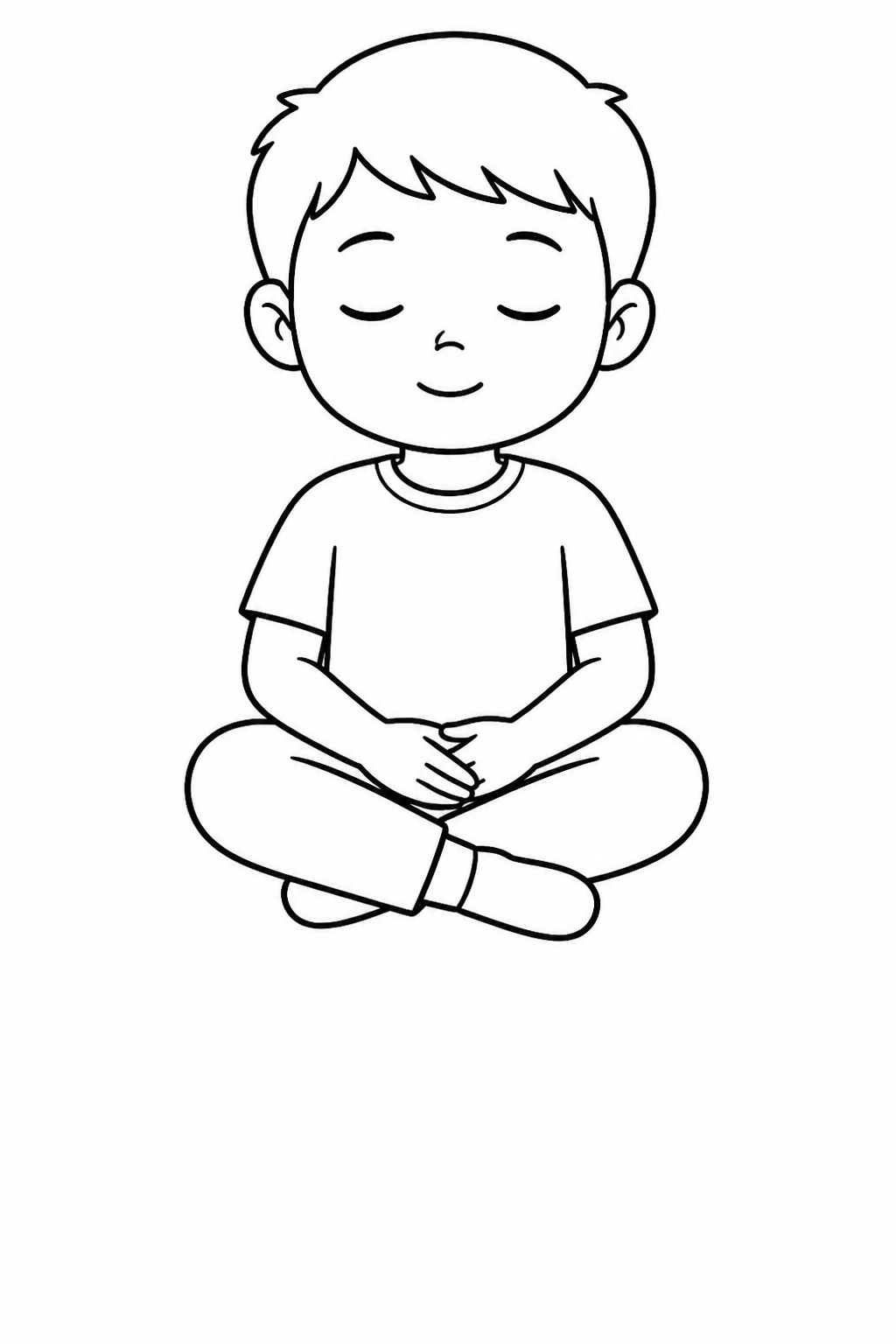Black-and-white printable coloring page showing a calm face and relaxed posture.