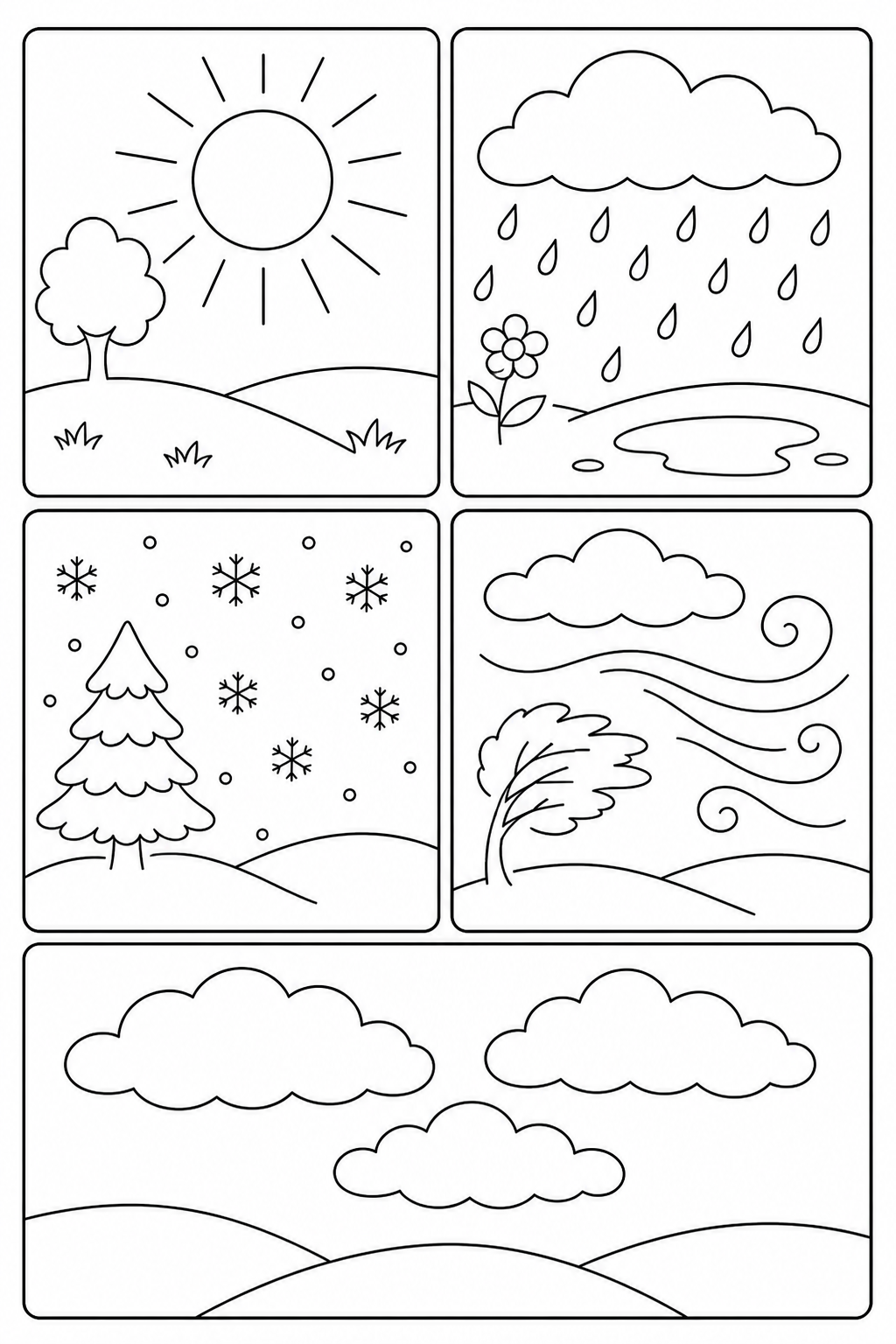 Black-and-white printable coloring page showing a weather symbols matched to five simple outdoor conditions.