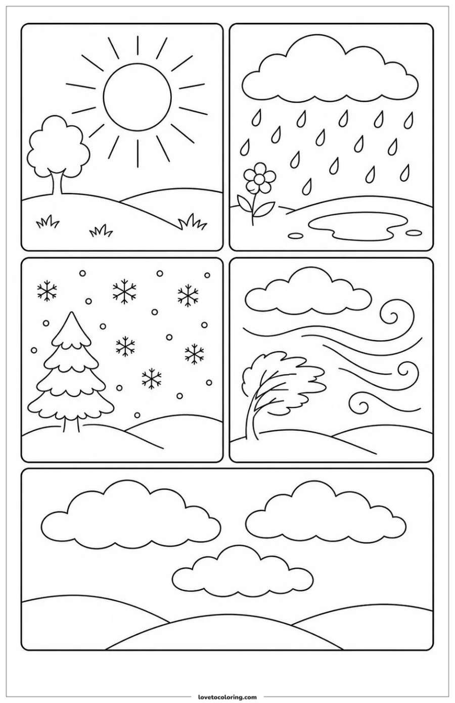 Dibujo para colorear de weather symbols matched to five simple outdoor conditions