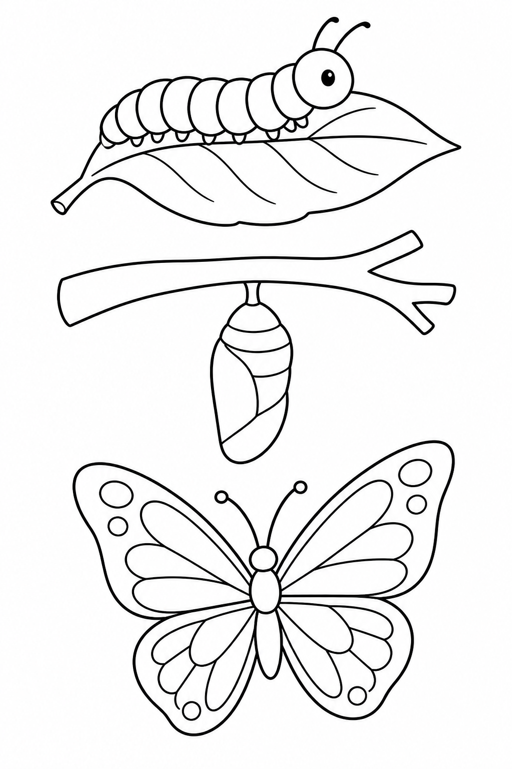 Black-and-white printable coloring page showing a butterfly life cycle placed in three non-overlapping panels.