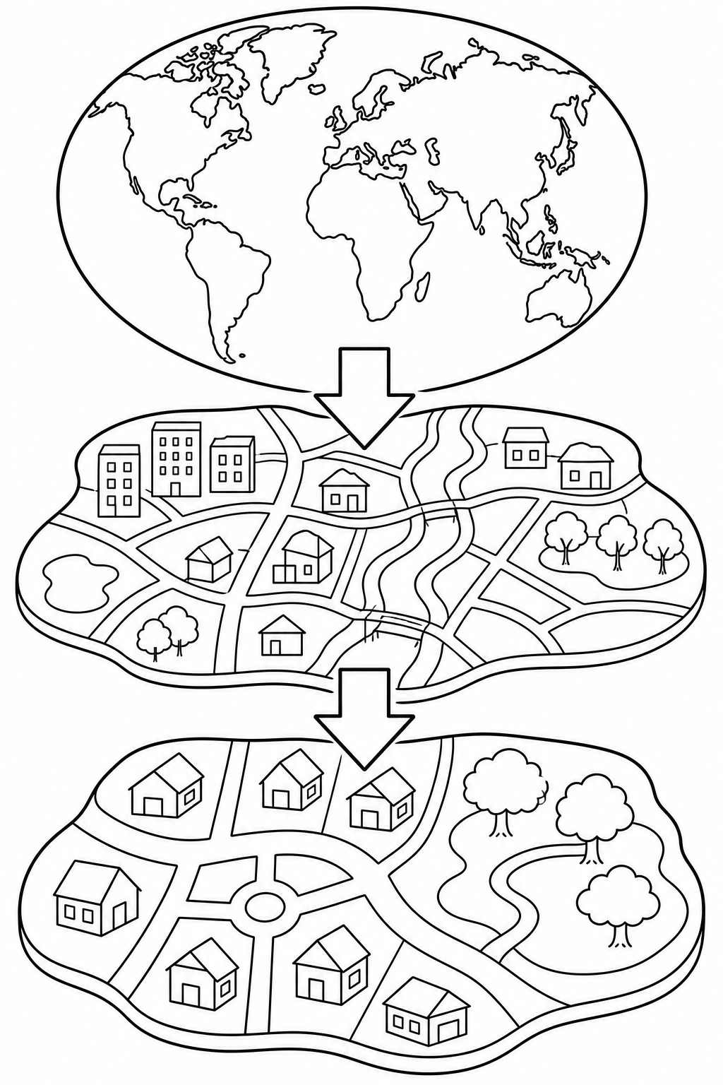 Black-and-white printable coloring page showing a world map from world view to community view.