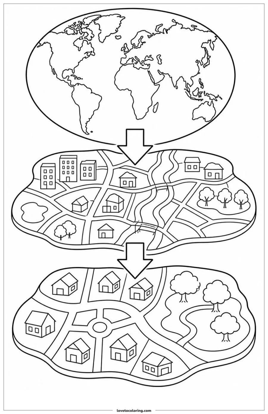 Dibujo para colorear de world map from world view to community view