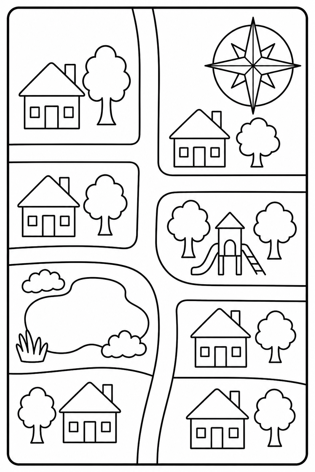 Black-and-white printable coloring page showing a community map with a compass rose shape without letters.
