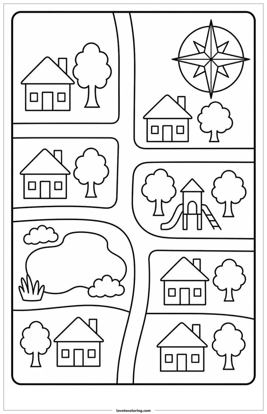 Black-and-white printable coloring page showing a community map with a compass rose shape without letters.