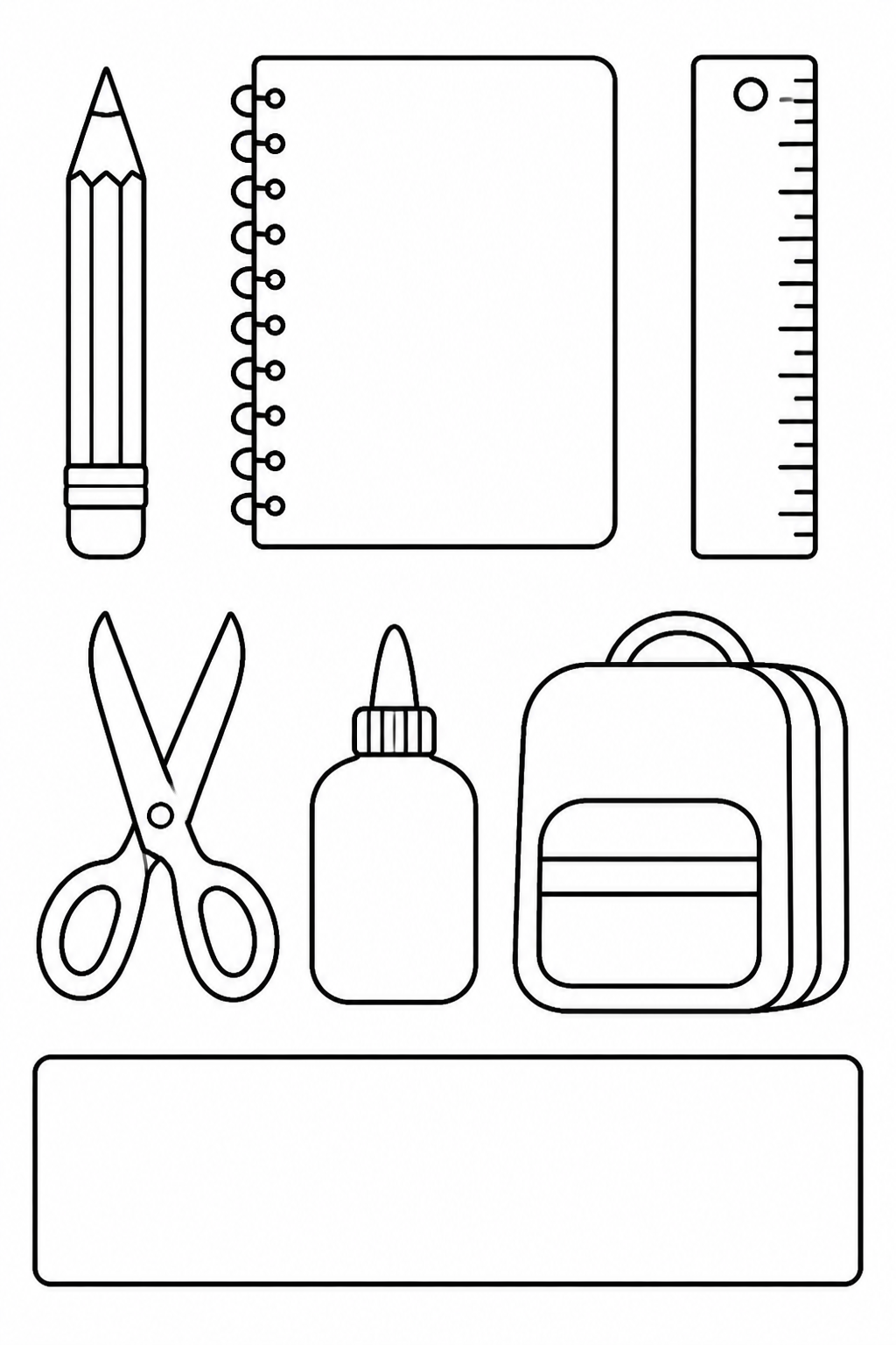 Black-and-white printable coloring page showing a classroom supplies with only necessary classroom objects.