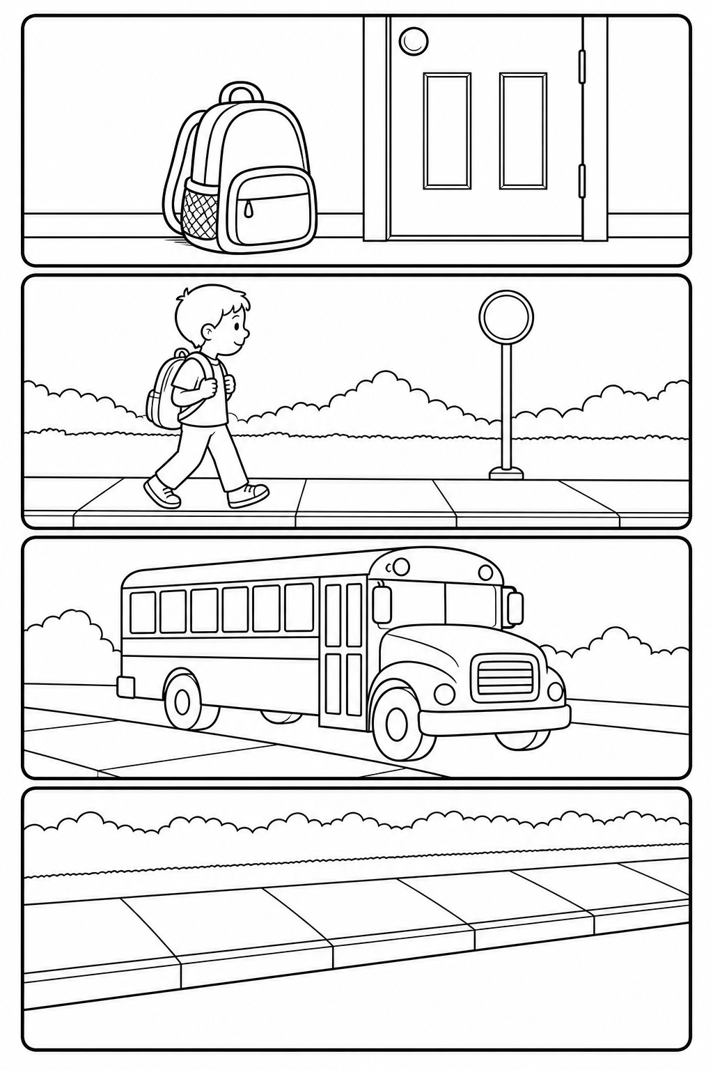 Black-and-white printable coloring page showing a school bus routine as a calm departure routine.