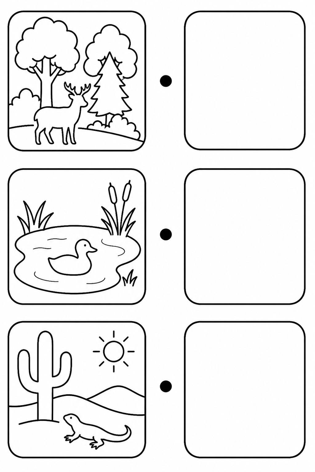 Black-and-white printable coloring page showing matching animal habitats with three short non-crossing connection paths.
