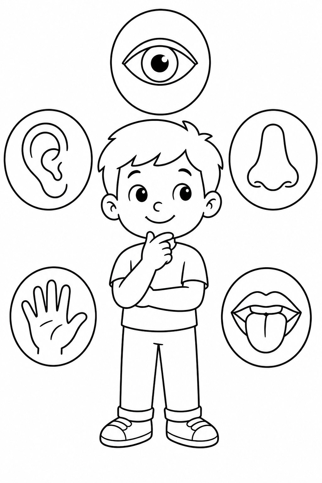 Black-and-white printable coloring page showing five senses around one central child with five simple sensory clues.