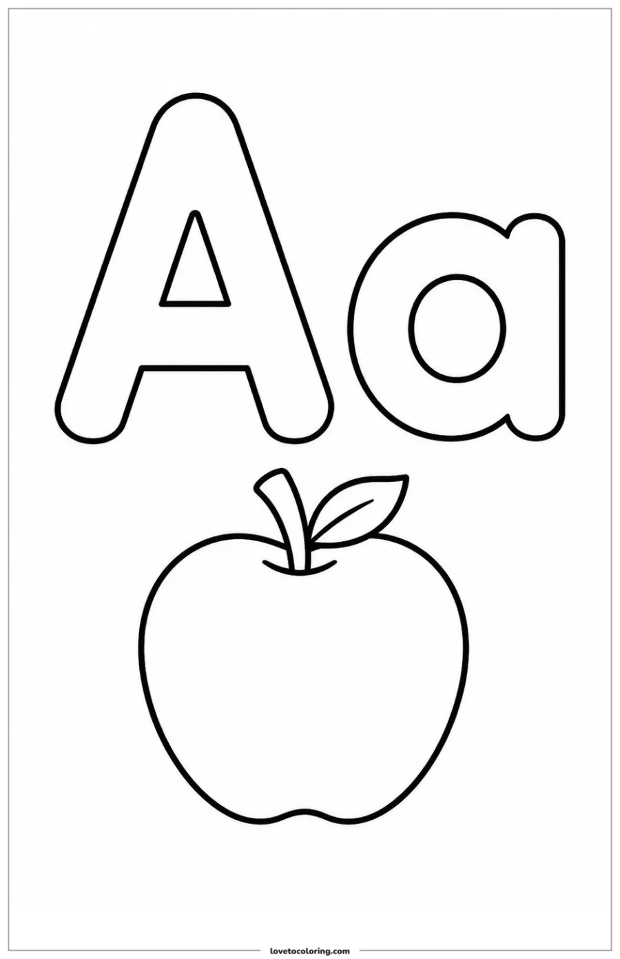 Black-and-white printable coloring page showing a letter a with an apple compared in uppercase and lowercase form.