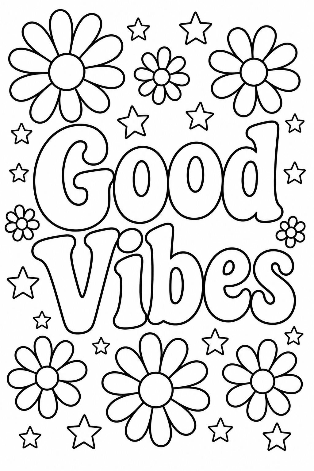 Black-and-white printable coloring page showing a good vibes word in large outlined letters with simple daisies and small stars.