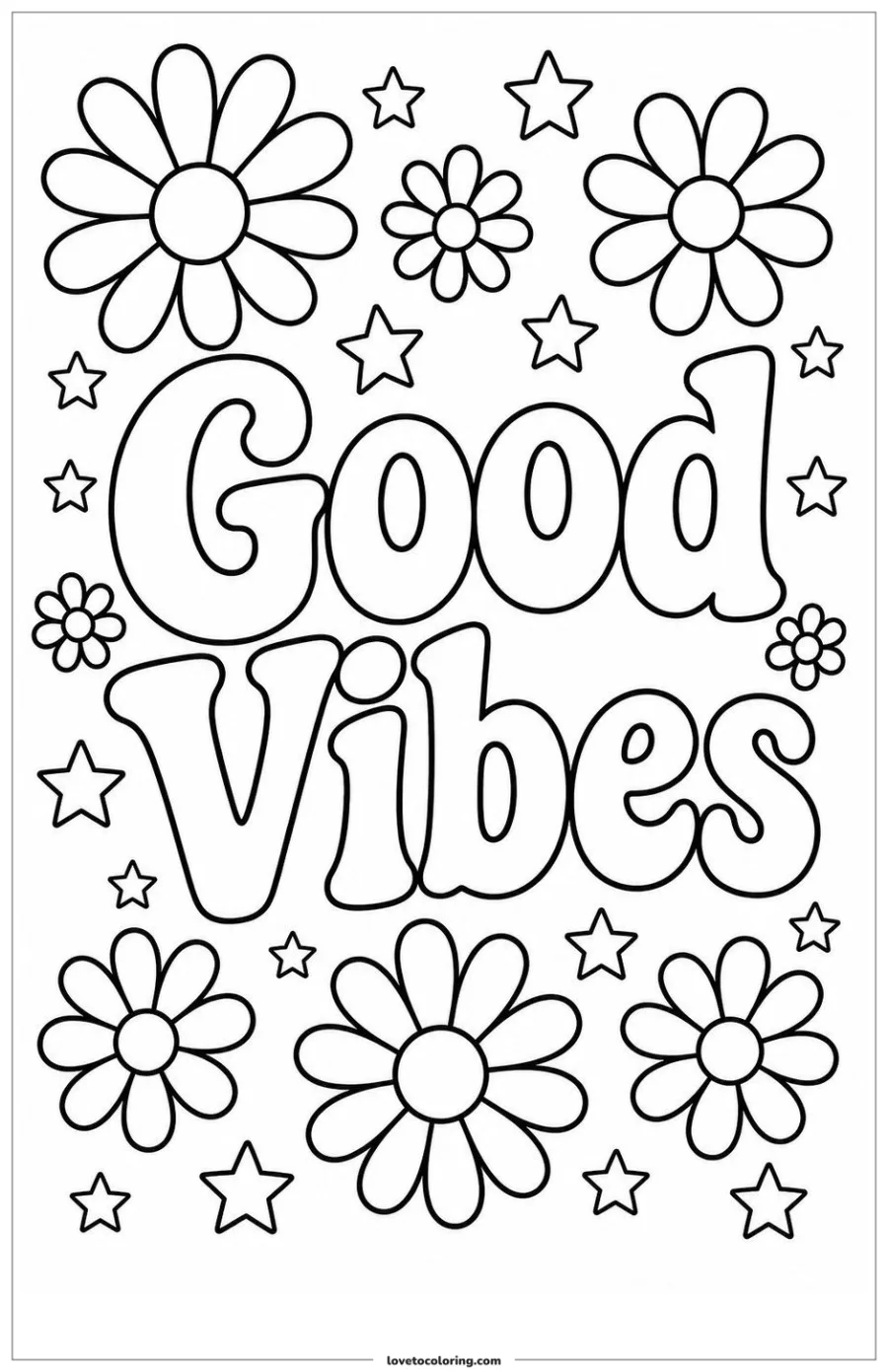 Black-and-white printable coloring page showing a good vibes word in large outlined letters with simple daisies and small stars.