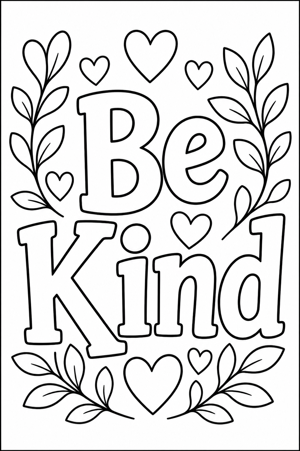 Black-and-white printable coloring page showing a be kind word in large outlined letters with small hearts and friendly leaves.