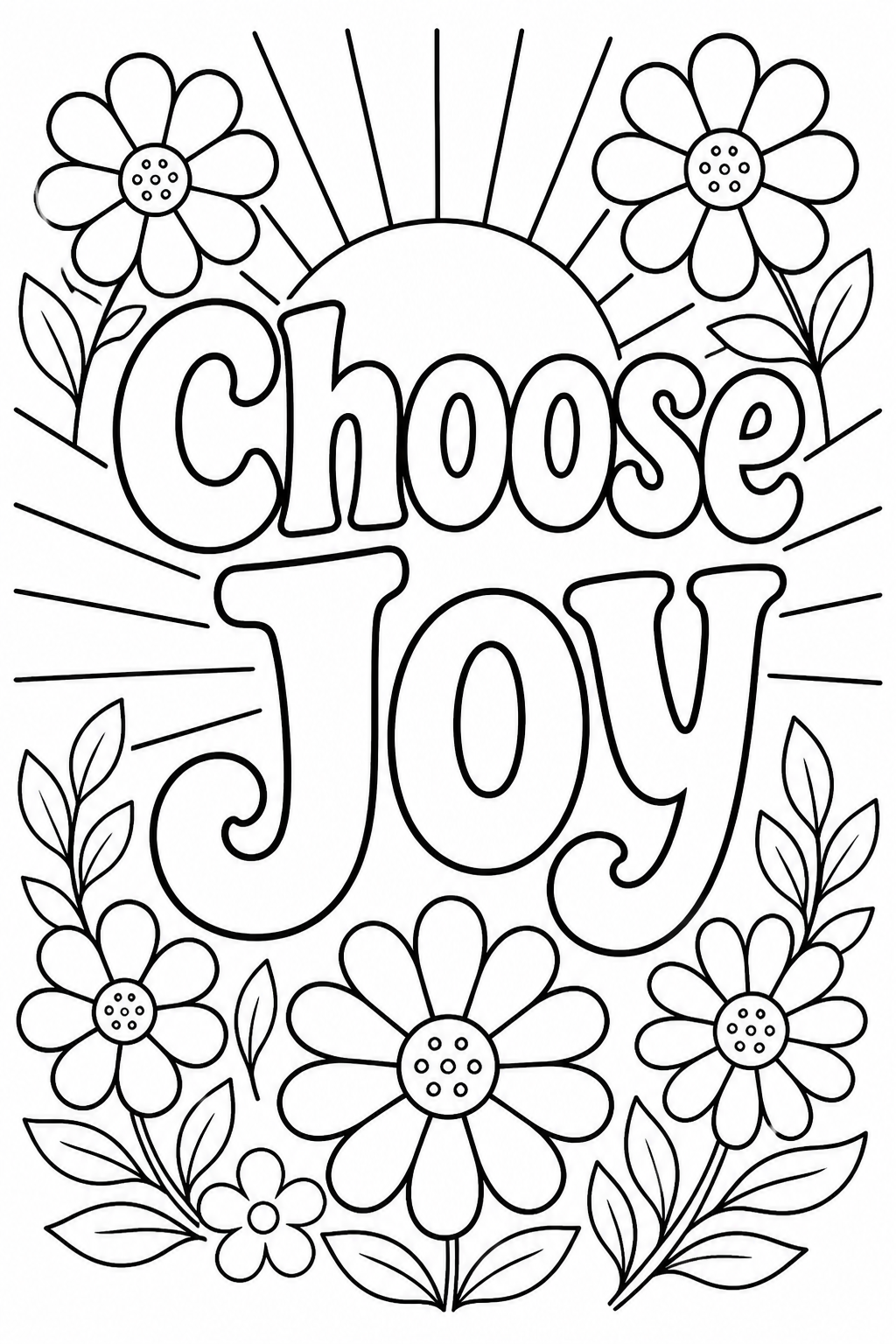 Black-and-white printable coloring page showing a choose joy word in large outlined letters with sun rays and cheerful flowers.