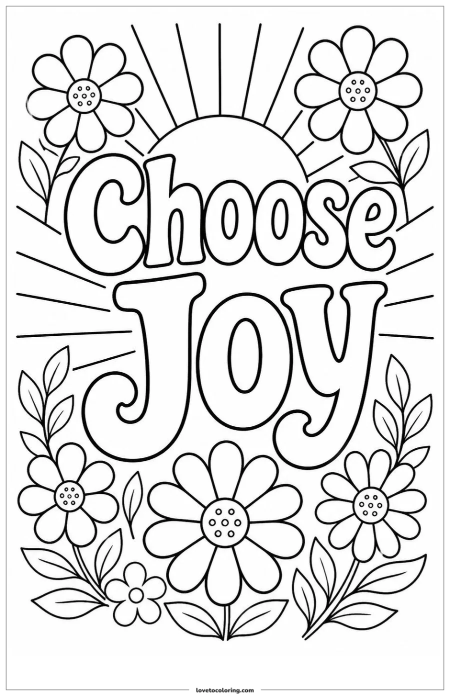 Black-and-white printable coloring page showing a choose joy word in large outlined letters with sun rays and cheerful flowers.