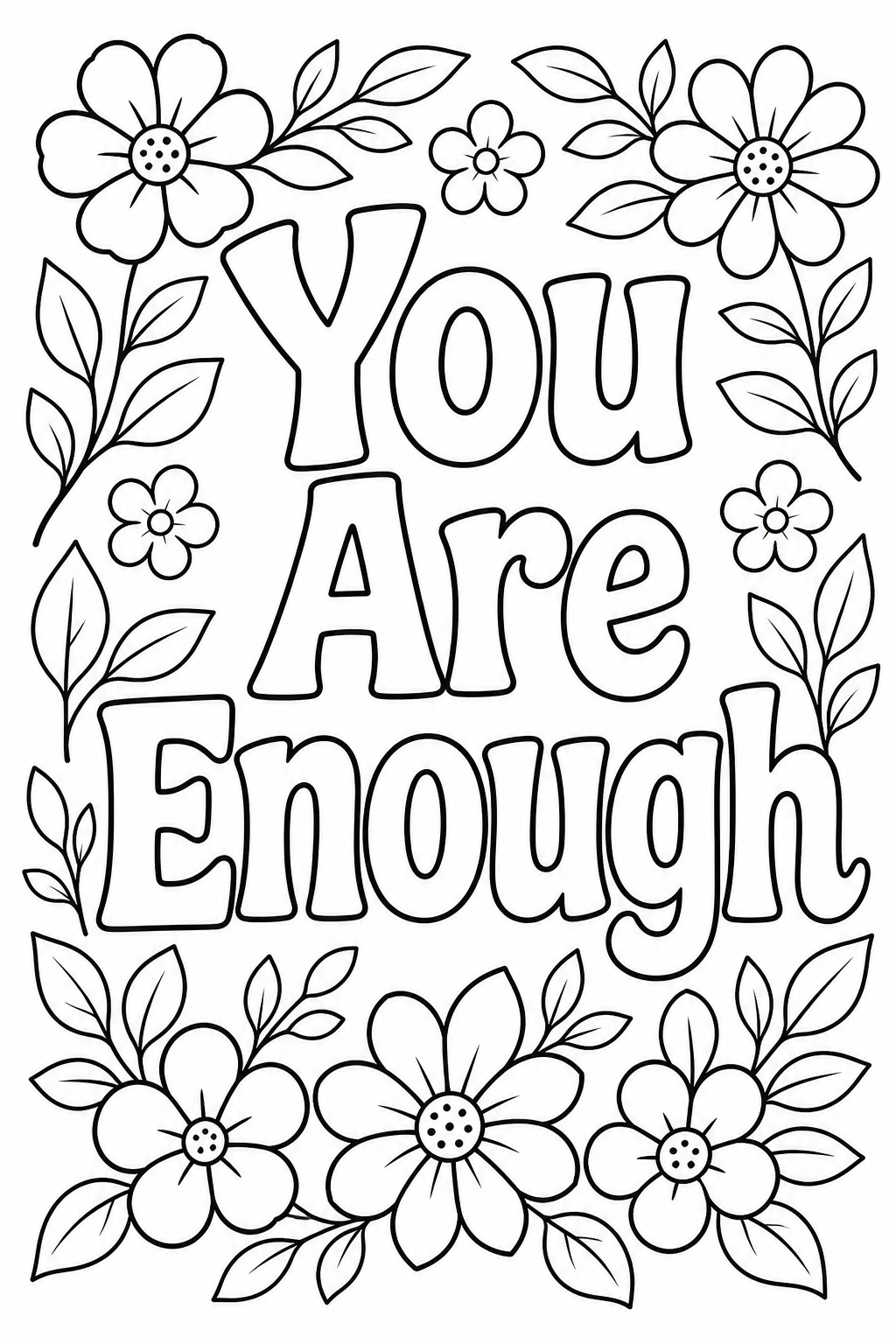 Black-and-white printable coloring page showing a you are enough word in large outlined letters with calm leaves and simple flowers.