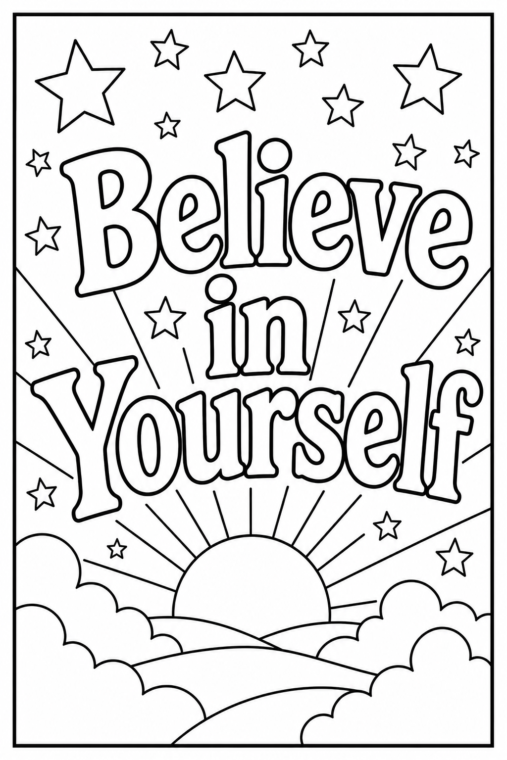 Black-and-white printable coloring page showing a believe in yourself word in large outlined letters with stars and a simple sunrise.