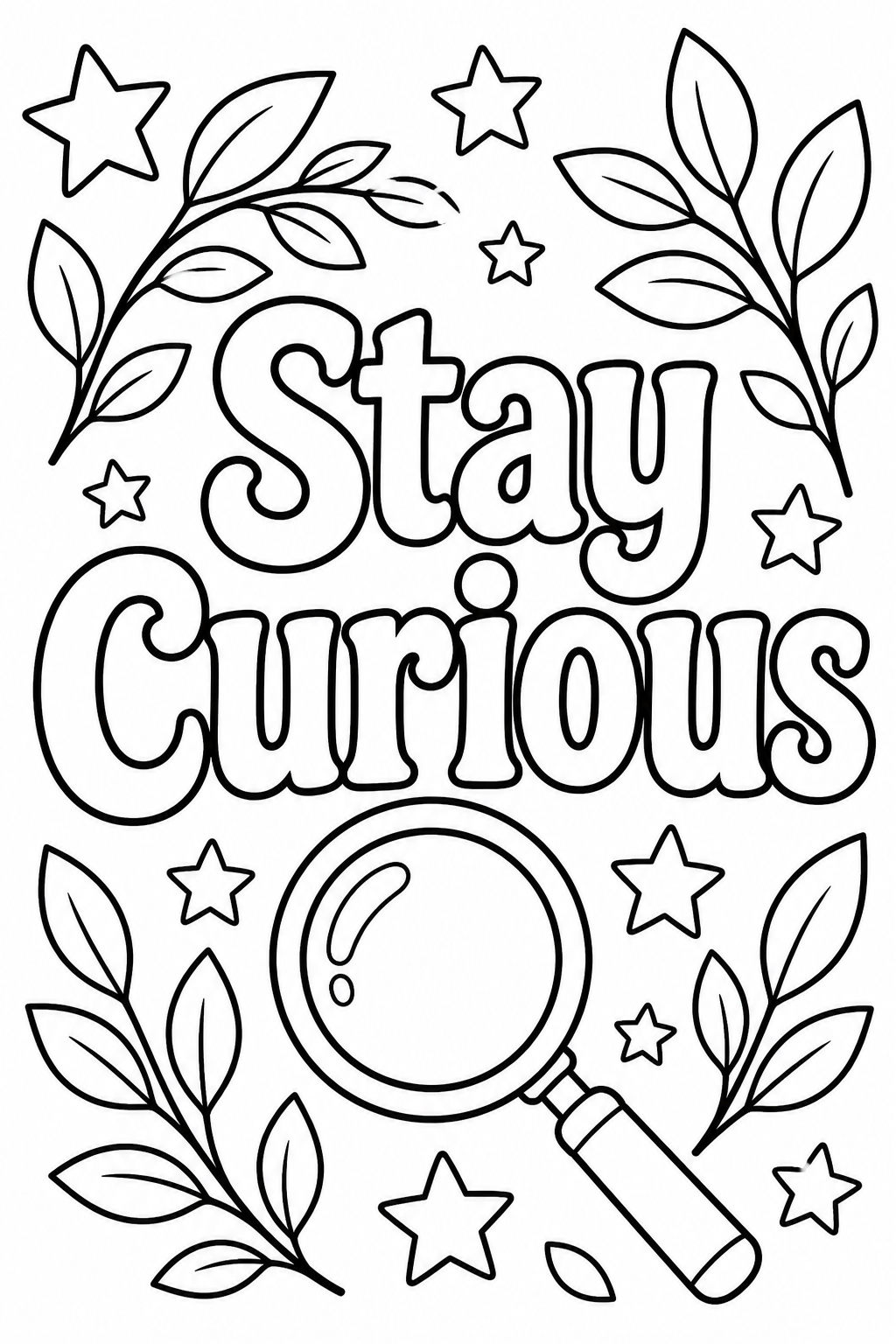 Black-and-white printable coloring page showing a stay curious word in large outlined letters with a magnifying glass, stars, and leaves.