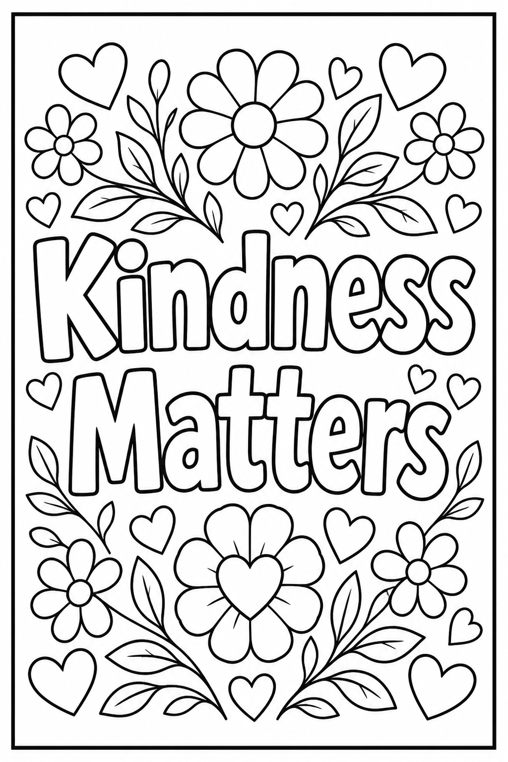 Black-and-white printable coloring page showing a kindness matters word in large outlined letters with hearts, flowers, and gentle leaves.