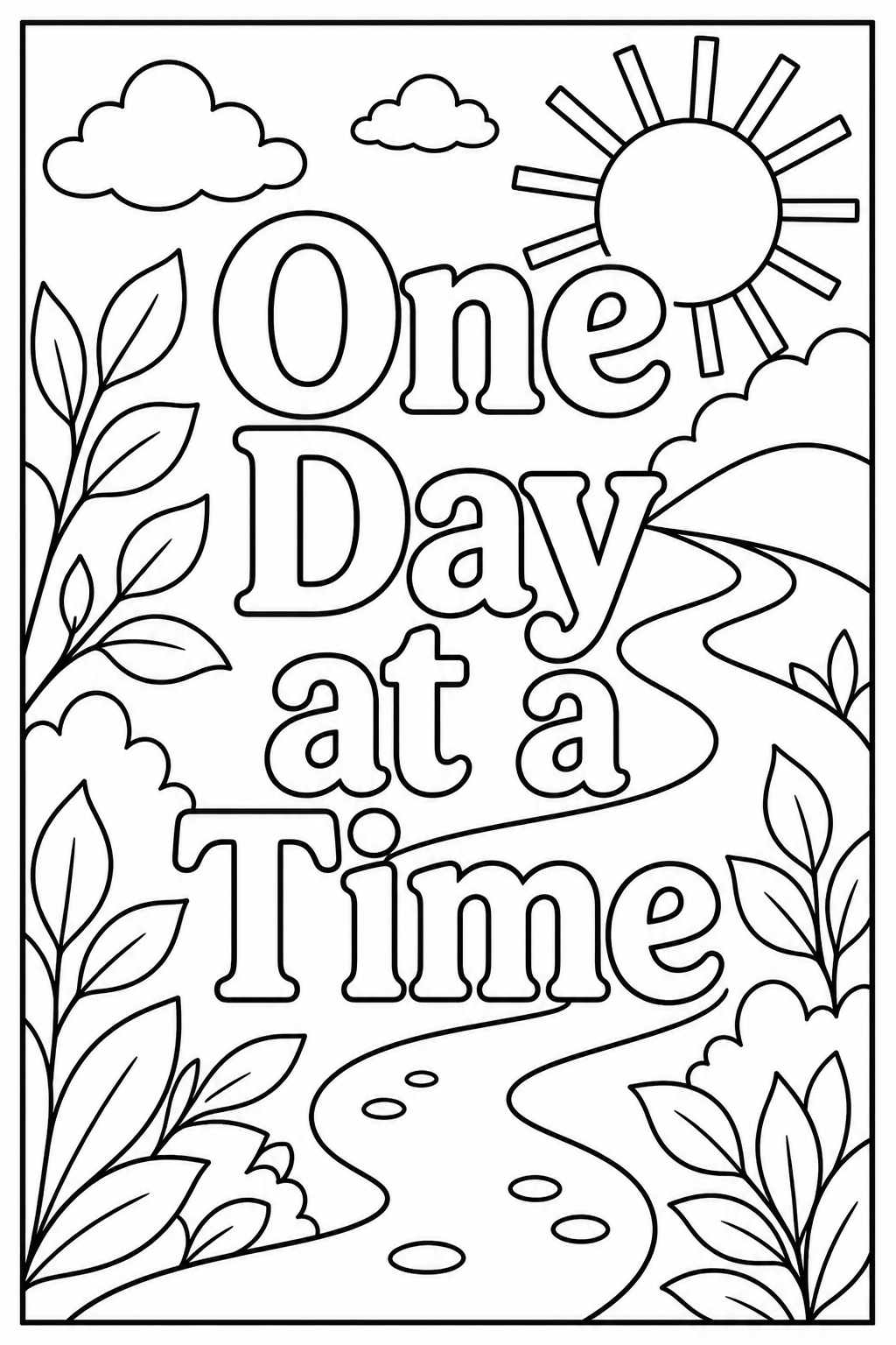 Black-and-white printable coloring page showing an one day at a time word in large outlined letters with a simple winding path, leaves, and a sun.