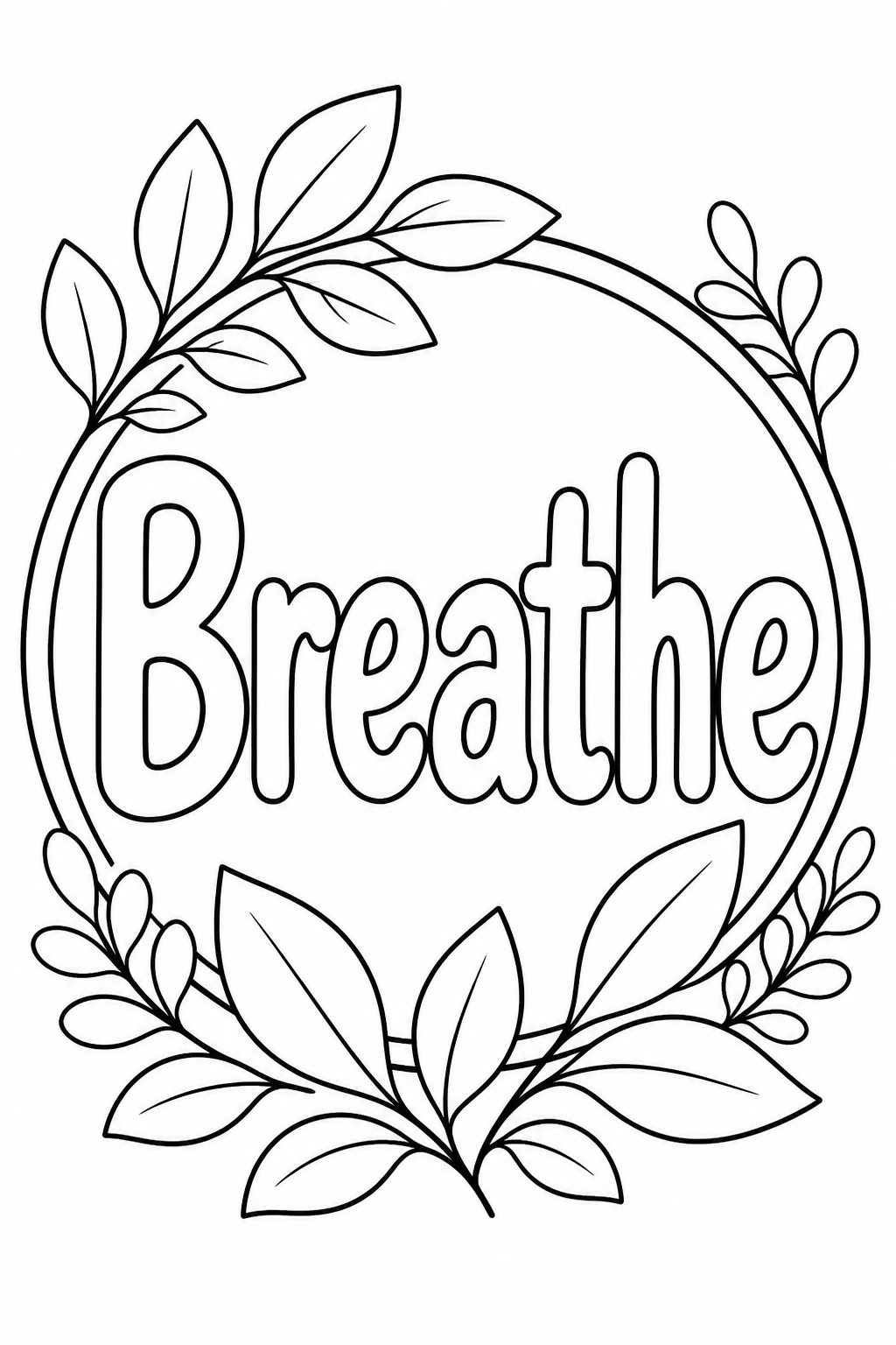 Black-and-white printable coloring page showing a breathe word in large outlined letters with soft leaves and a calm circular frame.