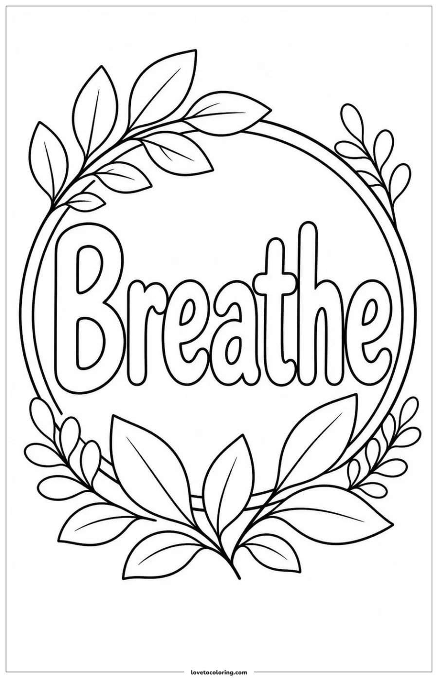 Black-and-white printable coloring page showing a breathe word in large outlined letters with soft leaves and a calm circular frame.