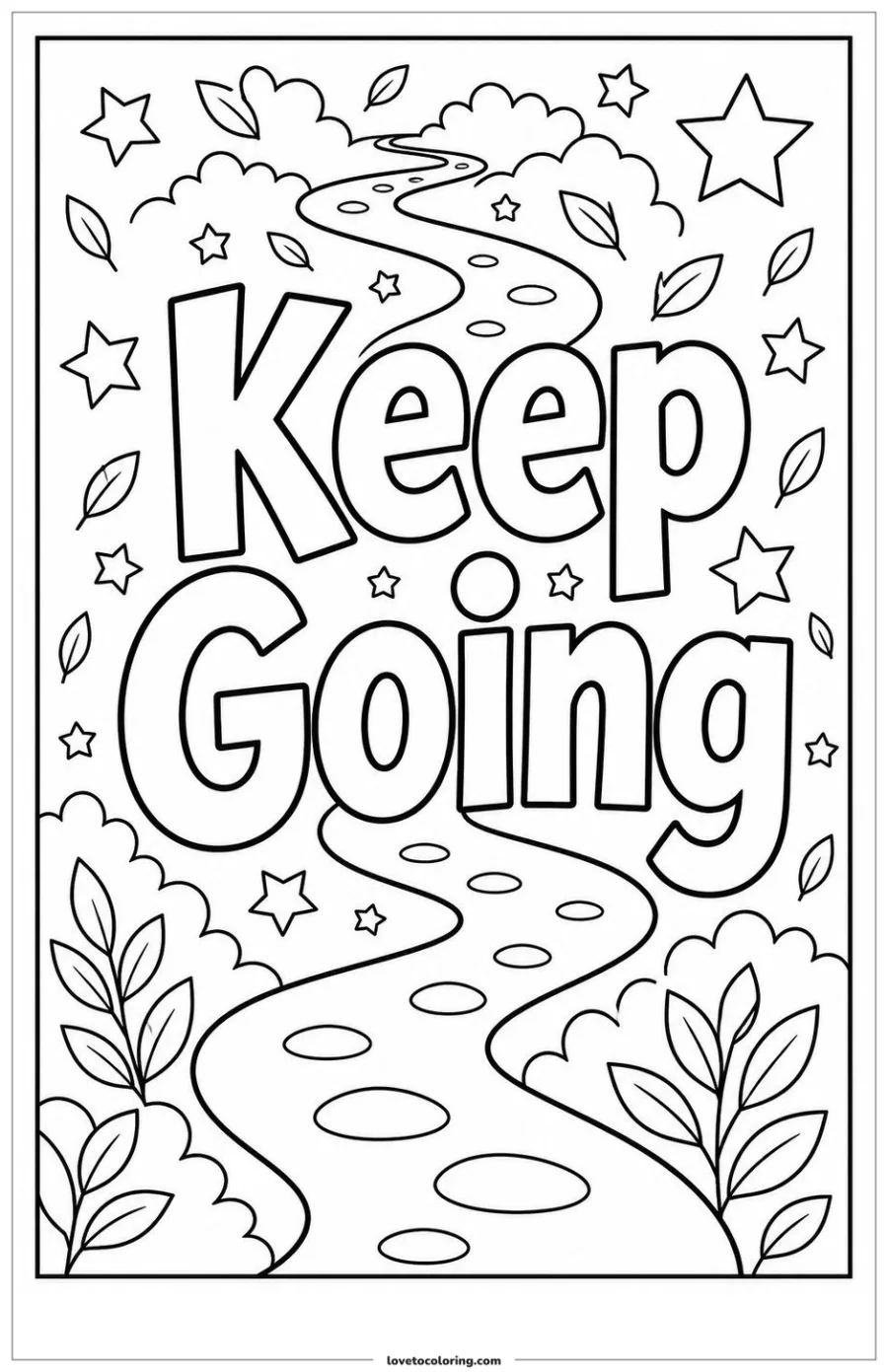 Black-and-white printable coloring page showing a keep going word in large outlined letters with a winding path, stars, and small leaves.