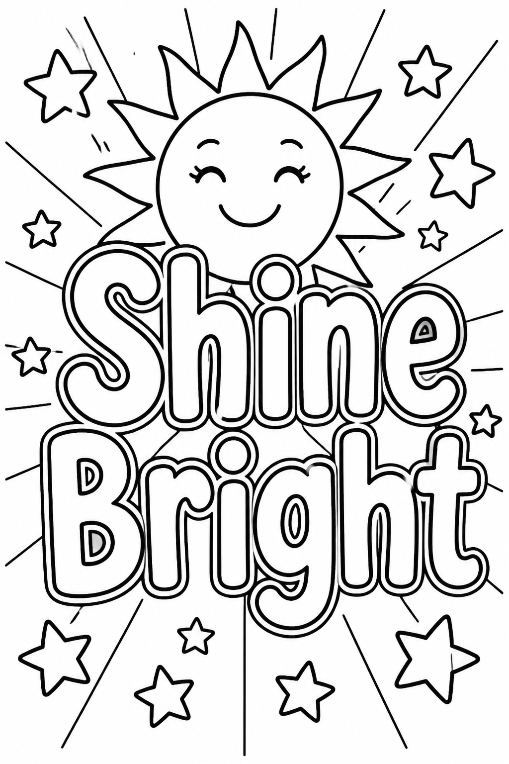 Black-and-white printable coloring page showing a shine bright word in large outlined letters with a smiling sun, rays, and stars.