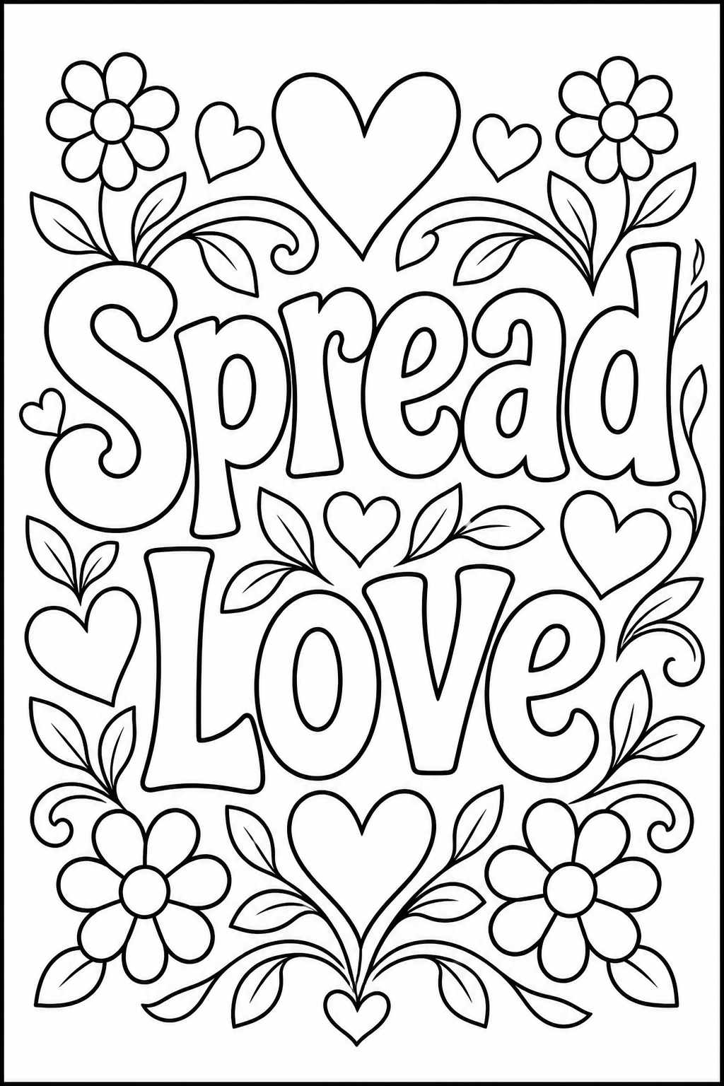 Black-and-white printable coloring page showing a spread love word in large outlined letters with hearts, flowers, and flowing leaves.