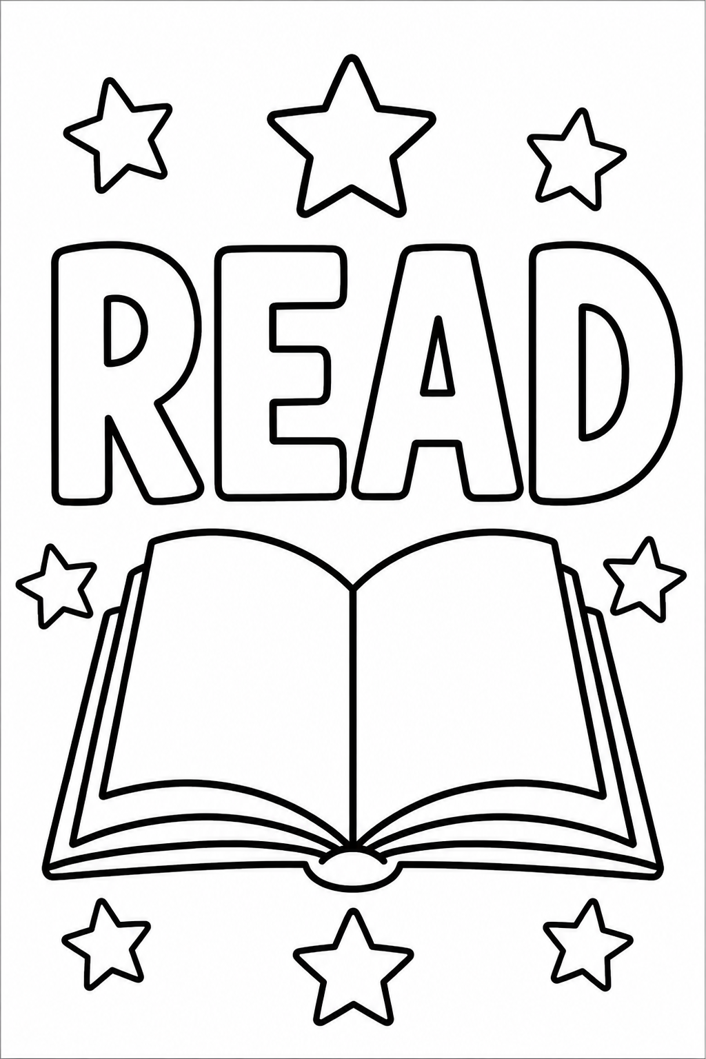 Black-and-white printable coloring page showing a read word in large outlined letters with an open book and simple stars.
