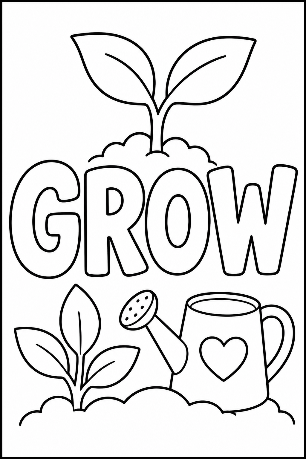 Black-and-white printable coloring page showing a grow word in large outlined letters with a sprout, leaves, and a small watering can.