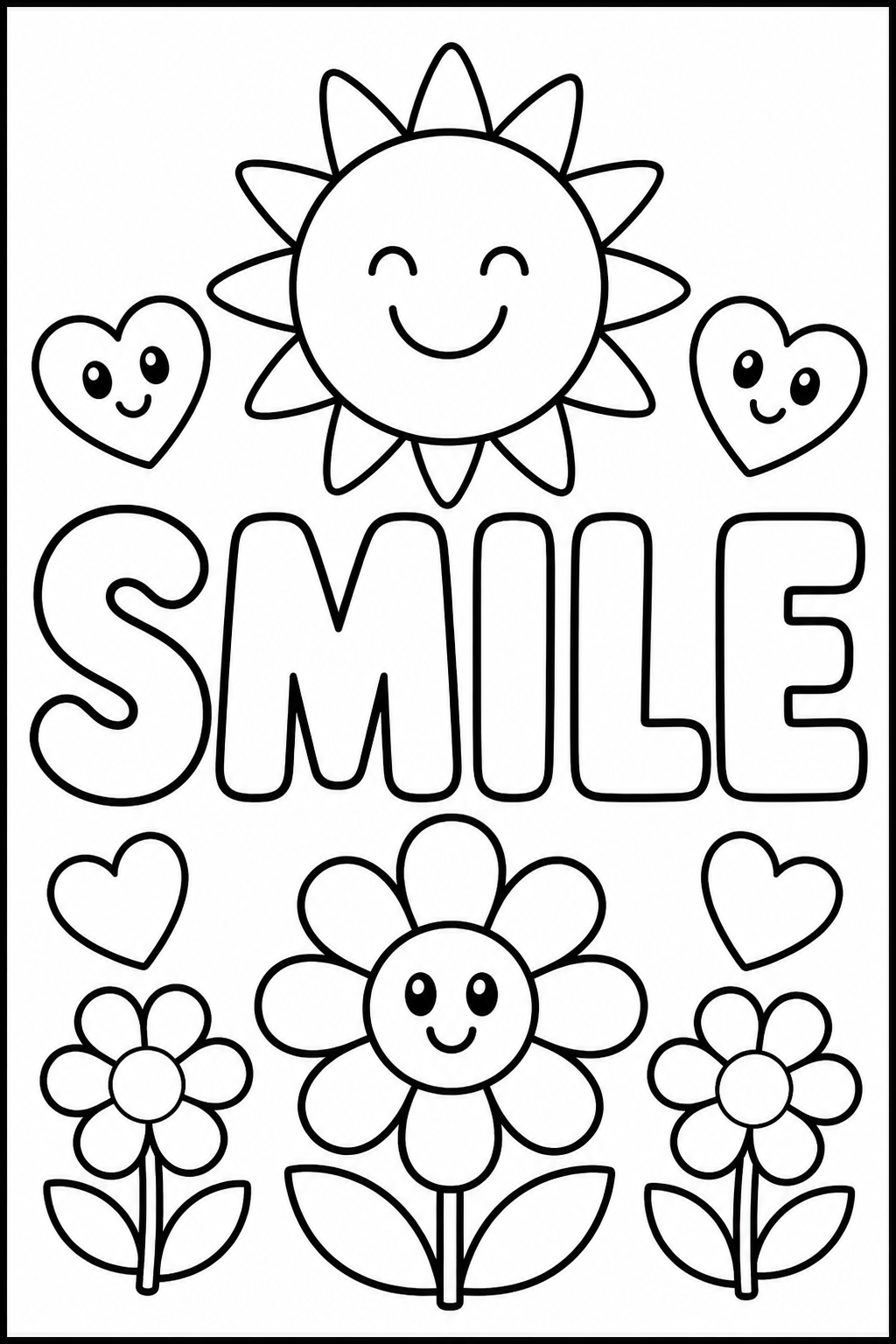 Black-and-white printable coloring page showing a smile word in large outlined letters with a simple sun, flowers, and friendly hearts.