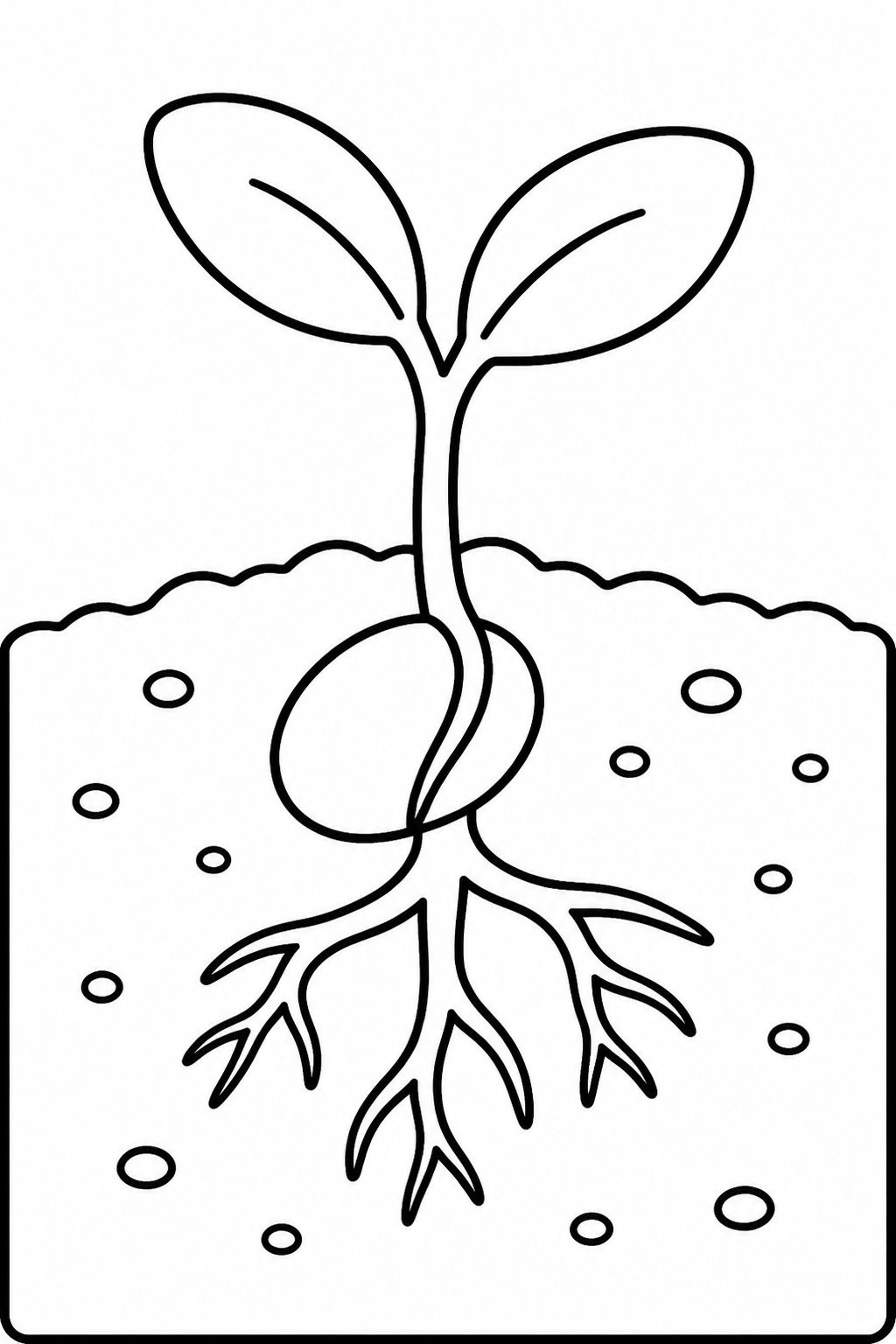 Seed sprouting in soil with roots below and a small stem above.