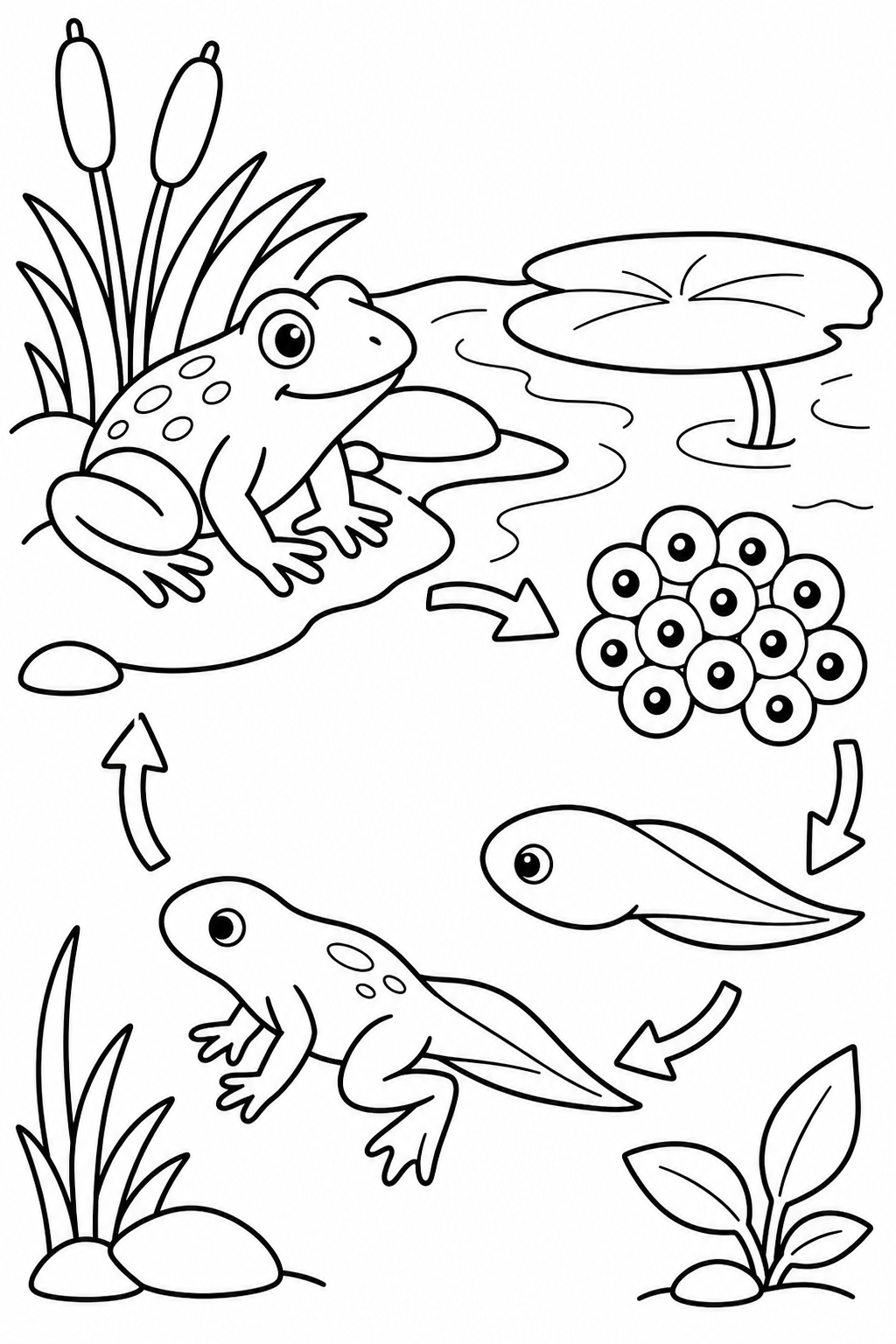 Frog life cycle with eggs, tadpole, froglet and adult frog by a pond.