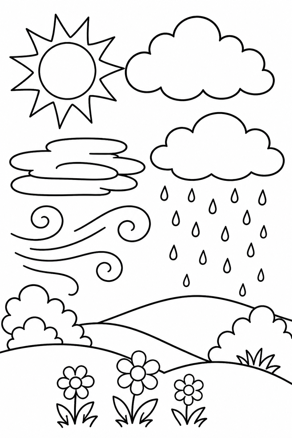 Three simple cloud types across a changing weather sky with sun and rain clues.