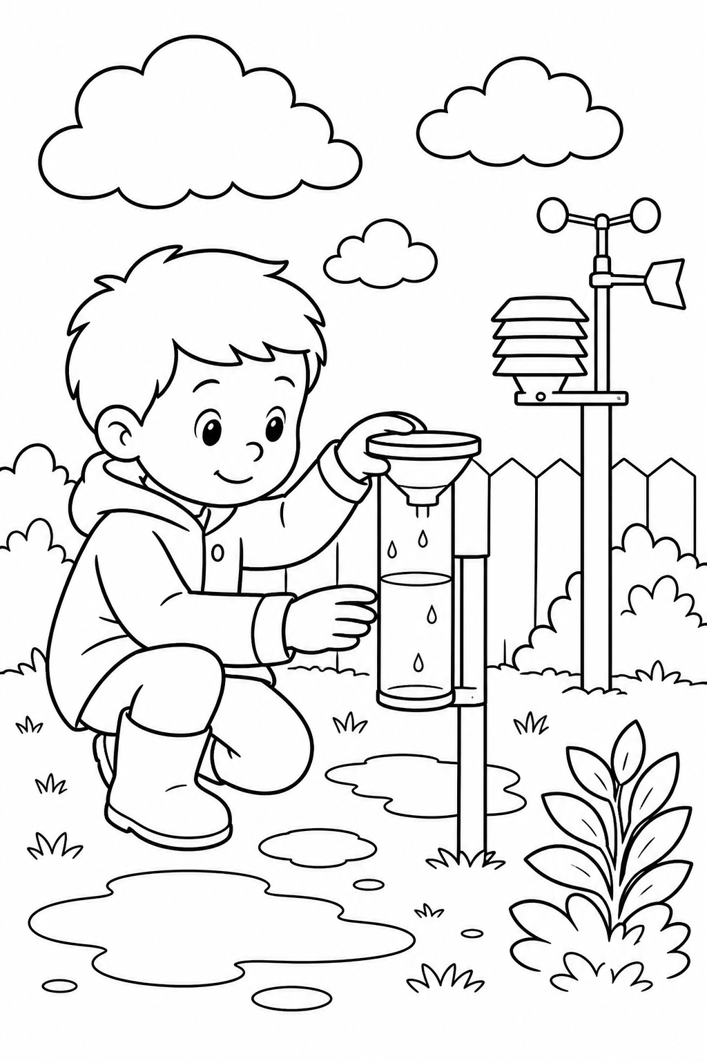 Child checking a rain gauge at a small backyard weather station.