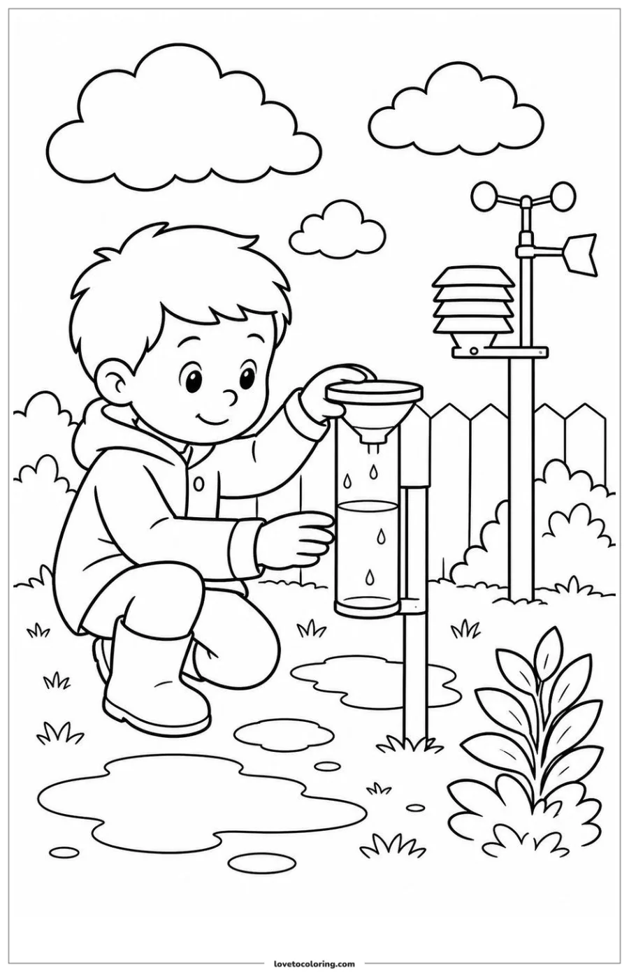 Child checking a rain gauge at a small backyard weather station.
