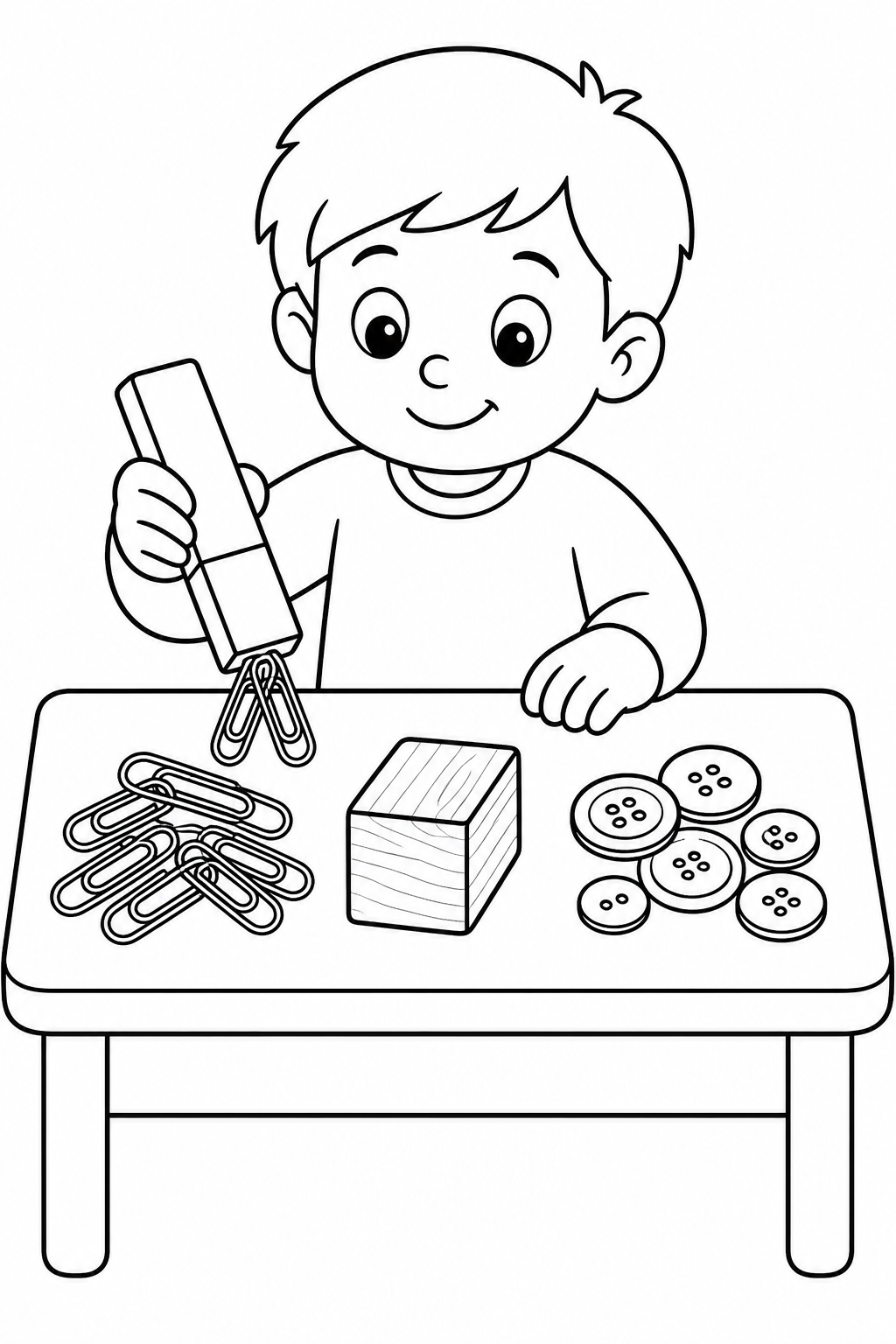 Child sorting paper clips, wood blocks and buttons near a magnet.