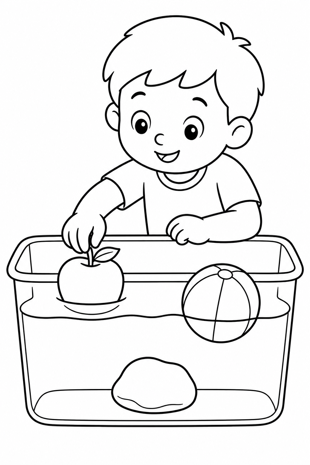 Child testing an apple, stone and ball in a clear tub of water.