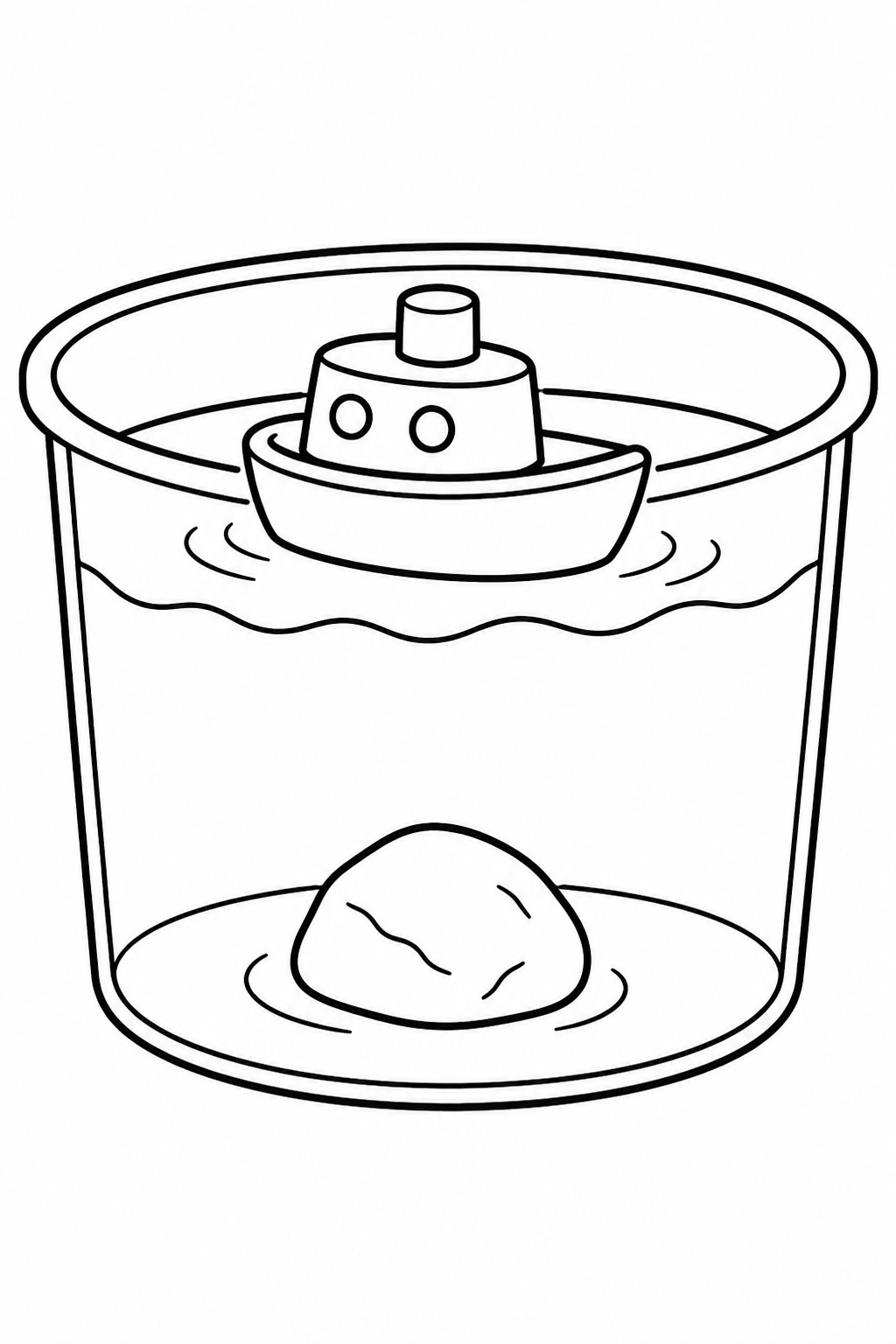 Toy boat floating in a water tub beside a sinking stone.