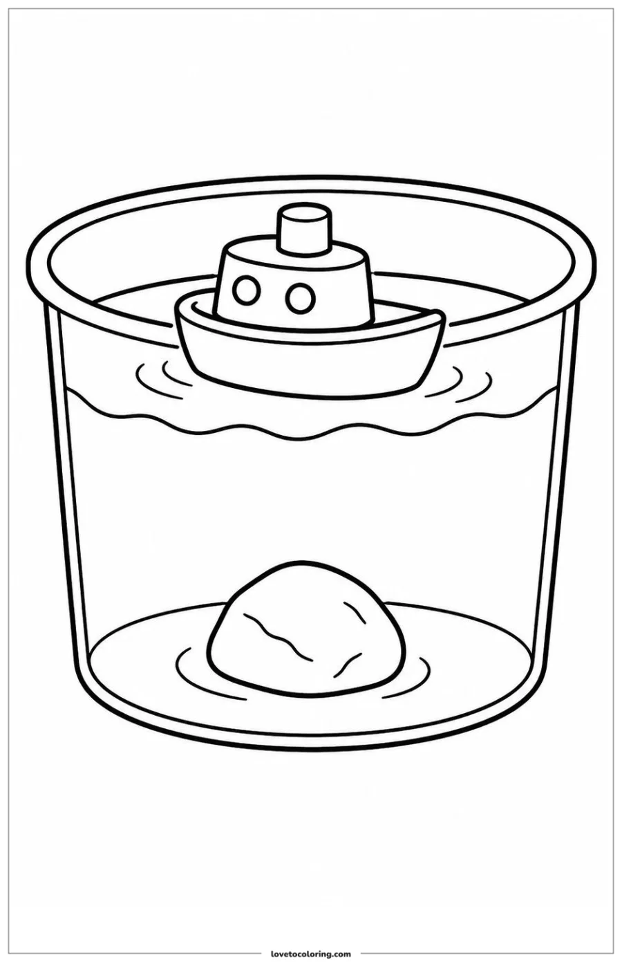 Toy boat floating in a water tub beside a sinking stone.