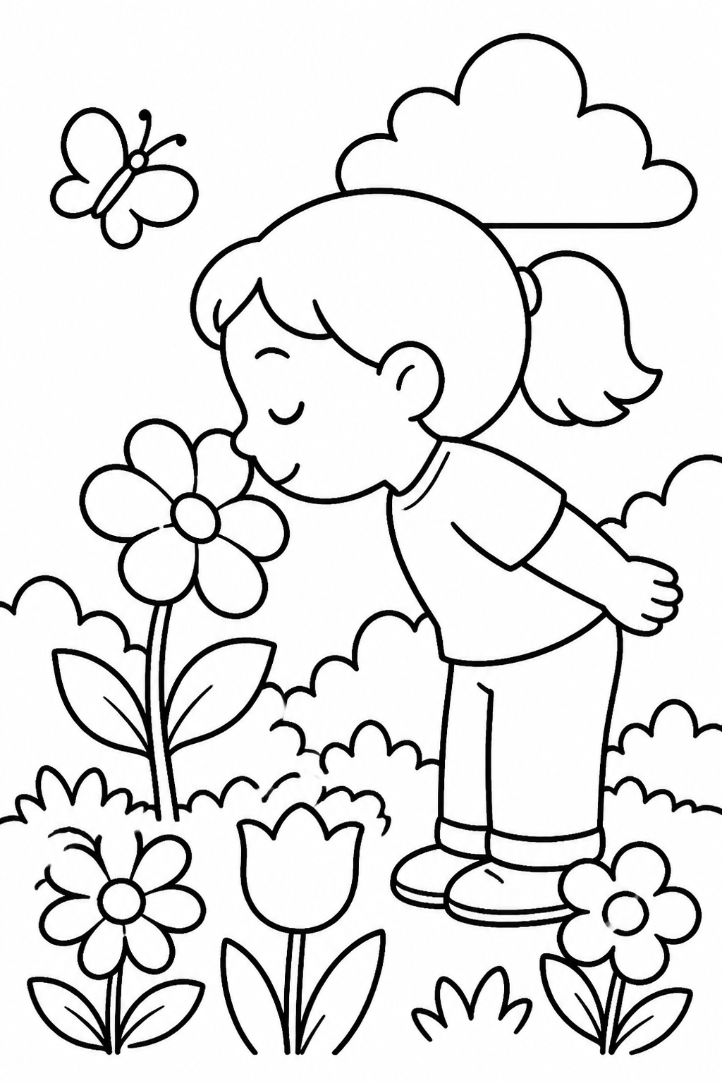 Child using the sense of smell to notice a flower in a garden.
